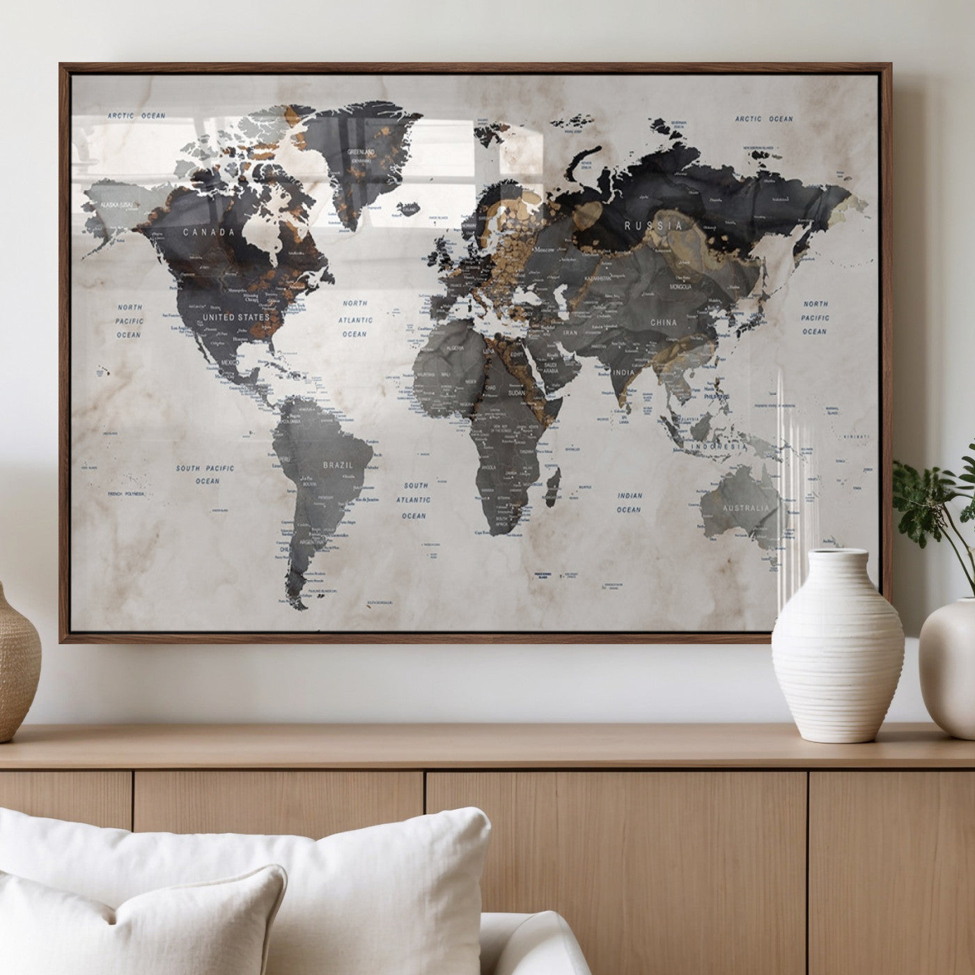 48937-MGV-FP-36X24-3P_Walnut-Push Pin World Map Canvas Print – Framed Travel Tracker Wall Art for Couples, Romantic Anniversary Gift and Home Decor