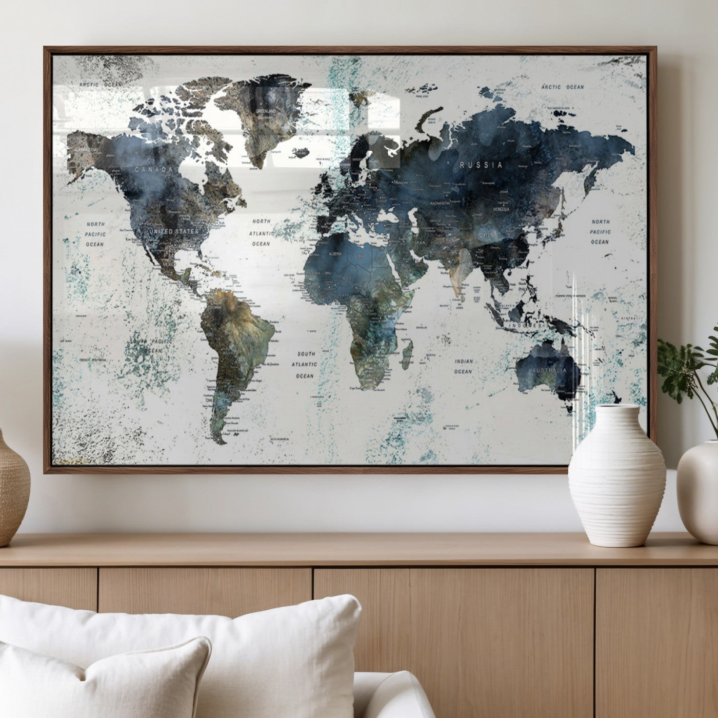 75398-MGV-FP-36X24-3P_Walnut-Push Pin World Map Canvas Print – Travel Tracker Wall Art for Couples, Perfect Anniversary Gift for Home or Office Decor