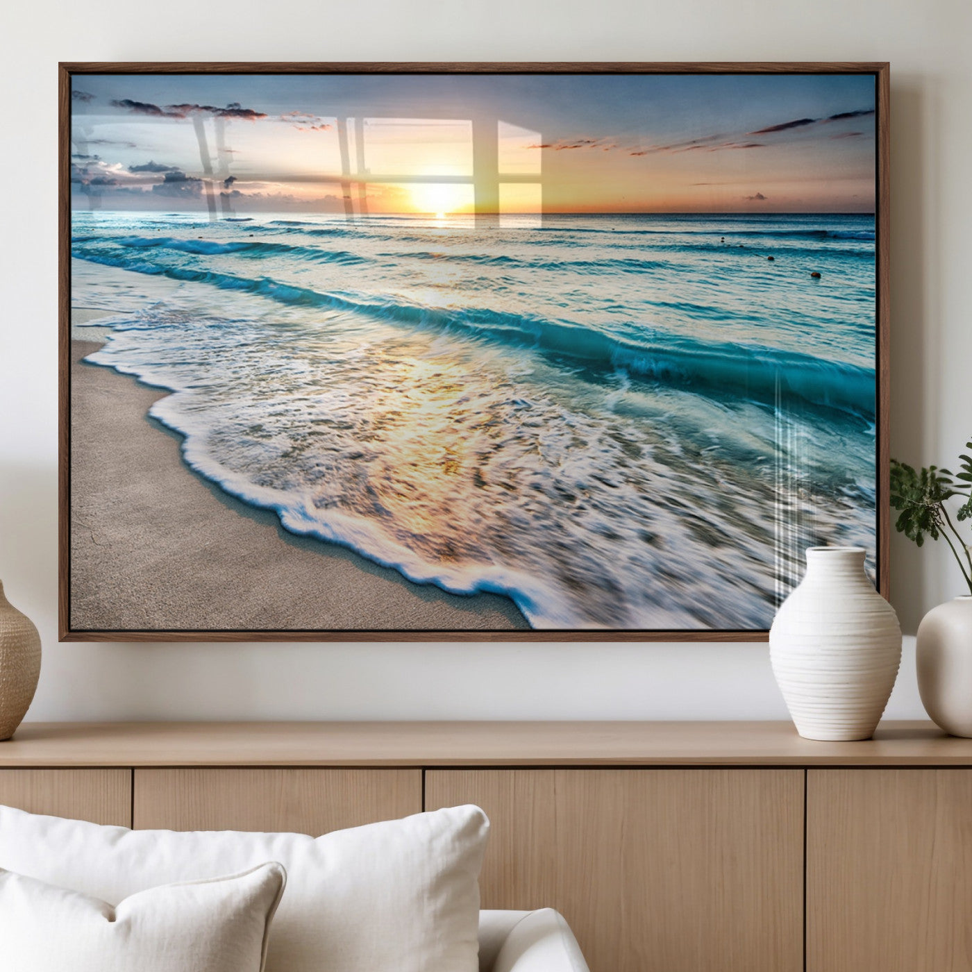 27815-MGV-FP-36X24-3P_Walnut-Sunset Beach Waves Canvas Wall Art – 5-Panel Ocean Sunset Print – Coastal Decor for Living Room or