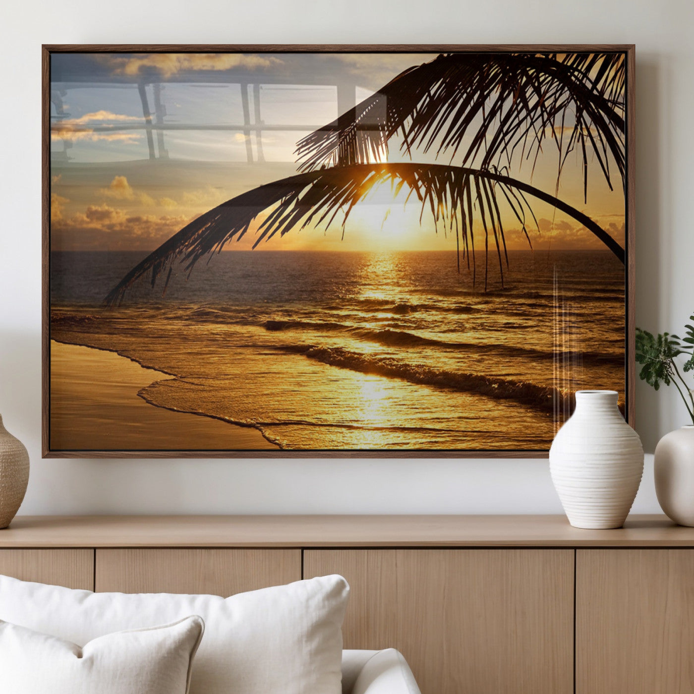 41507-MGV-FP-36X24-3P_Walnut-Golden Tropical Beach Sunset Canvas Triptych, Coastal Palm Tree Wall Art, Ocean Shoreline Giclee
