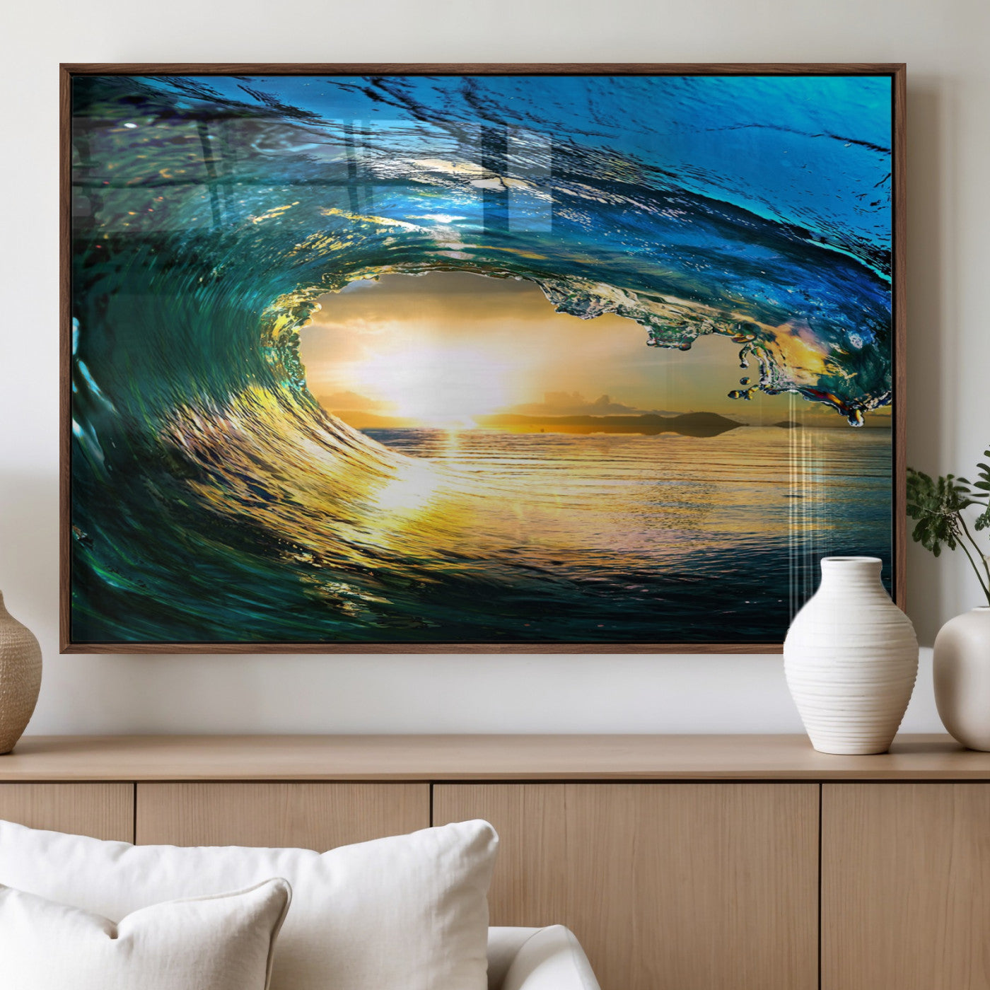 19378-MGV-FP-36X24-3P_Walnut-Ocean Wave at Sunset Canvas Art, Large Wall Print of Vibrant Water Waves, Coastal Art for Living