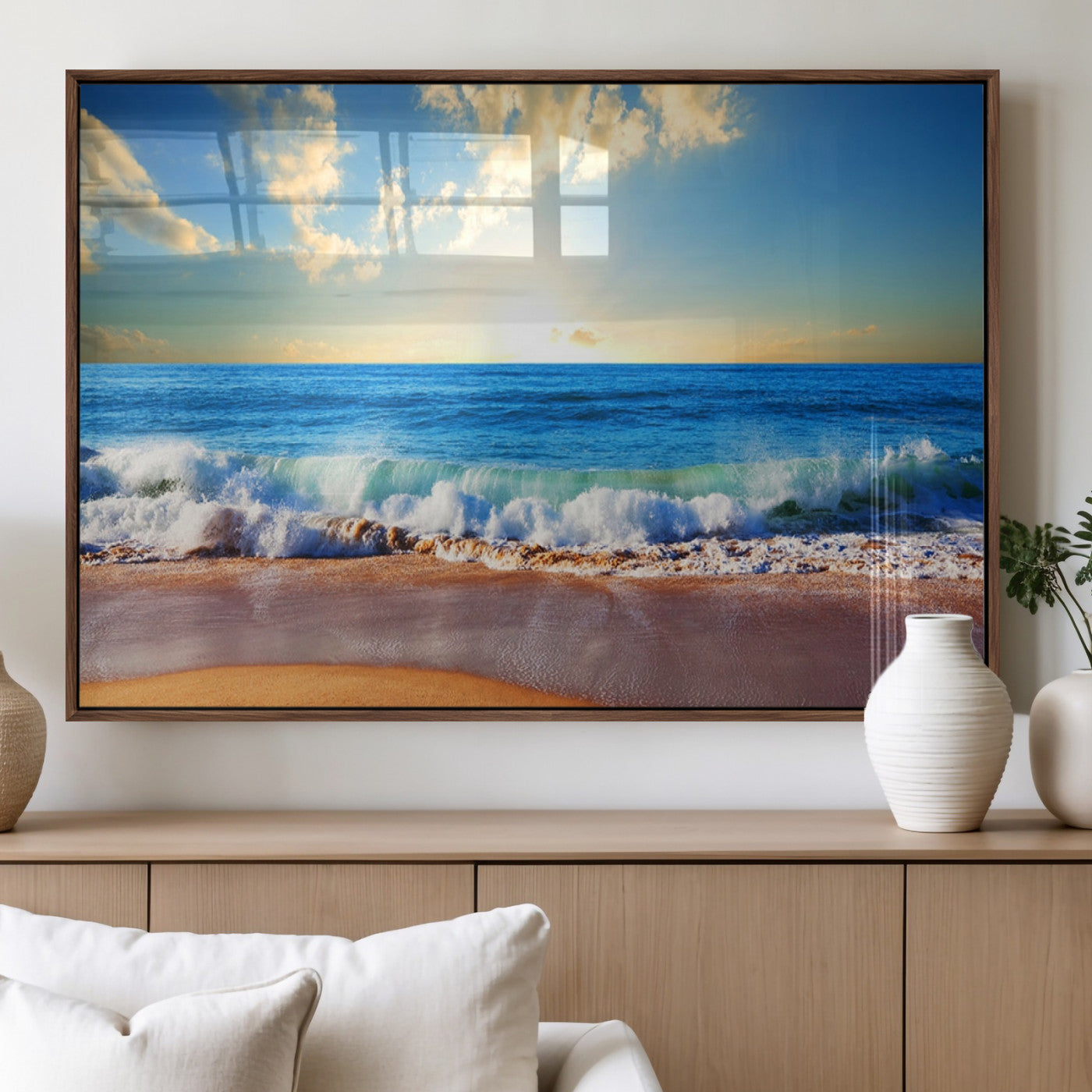 50522-MGV-FP-36X24-3P_Walnut-Tropical Beach Sunset Canvas Art, Ocean Waves and Sandy Shoreline Wall Art, Large Beach Decor for