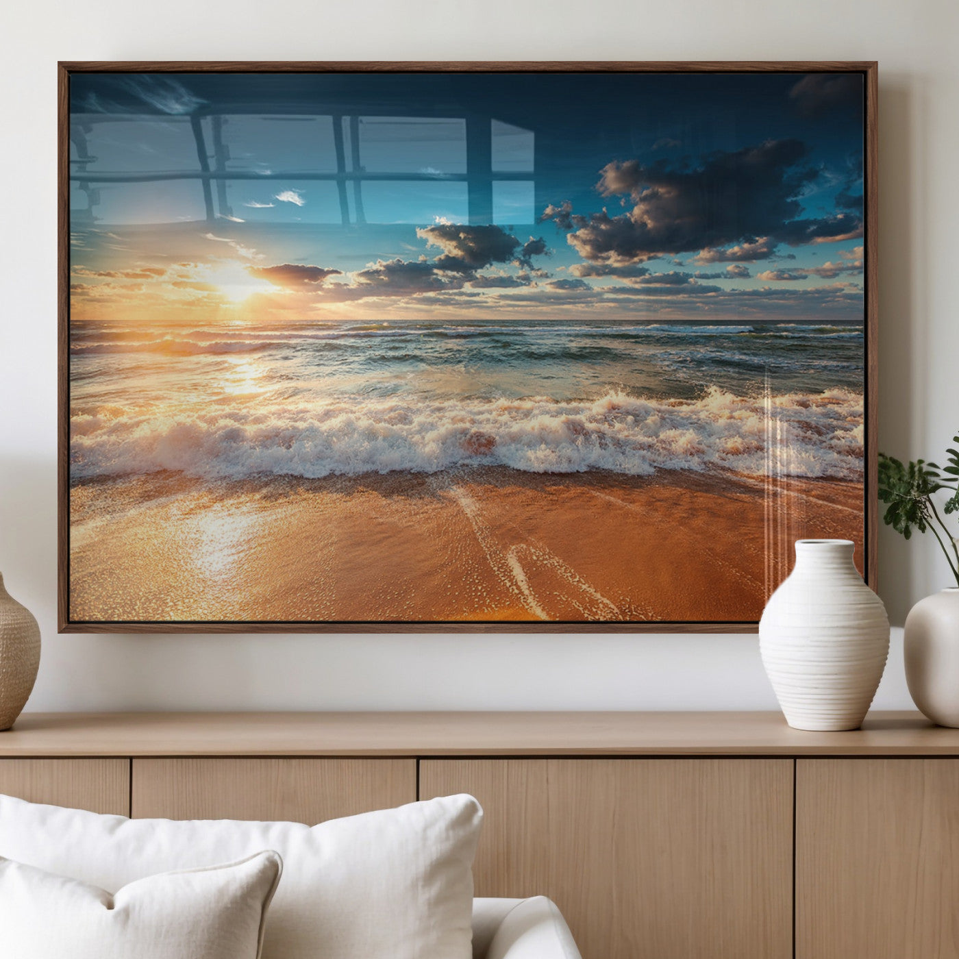 35648-MGV-FP-36X24-3P_Walnut-Golden Sunset Beach Triptych Canvas Art, Giclee Coastal Wall Decor, Ocean Waves Print, Modern Beach
