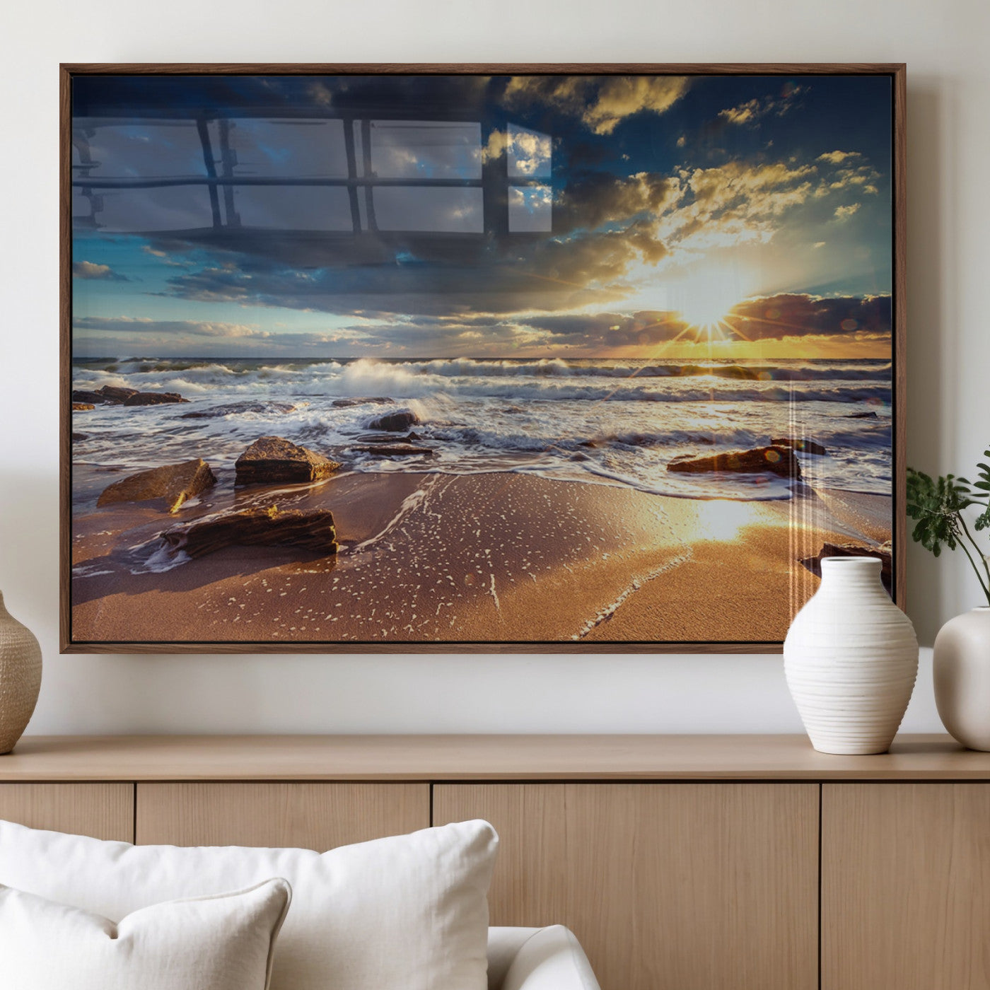44481-MGV-FP-36X24-3P_Walnut-Golden Hour Beach Sunset Canvas Triptych, Ocean Waves and Rocks Wall Art for Coastal Home Decor
