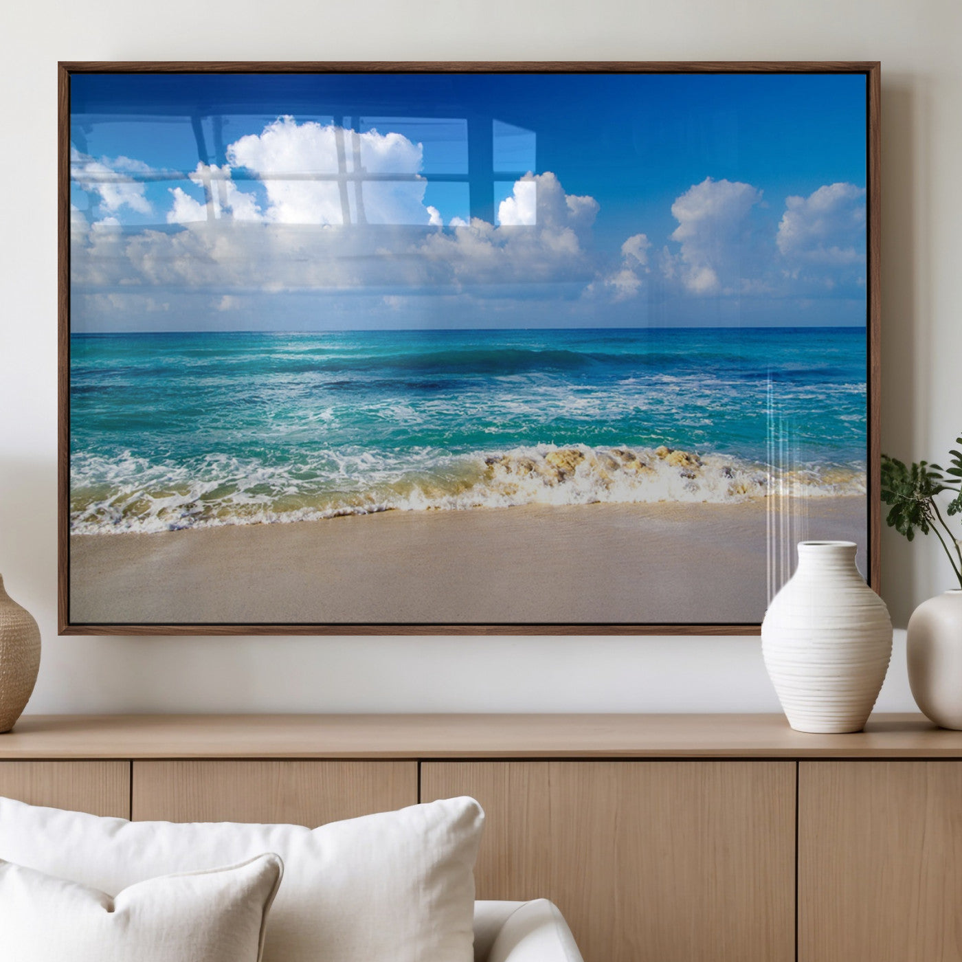 60364-MGV-FP-36X24-3P_Walnut-Tropical Beach 3-Panel Canvas Wall Art – Serene Ocean Waves and Blue Sky Wall Art Print