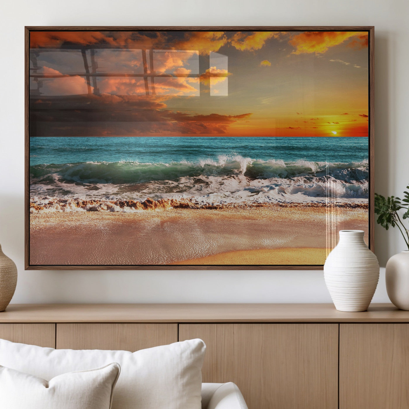 72948-MGV-FP-36X24-3P_Walnut-Golden Sunset Beach Canvas Wall Art – Triptych Seascape Print – Framed and Ready to Hang for Living