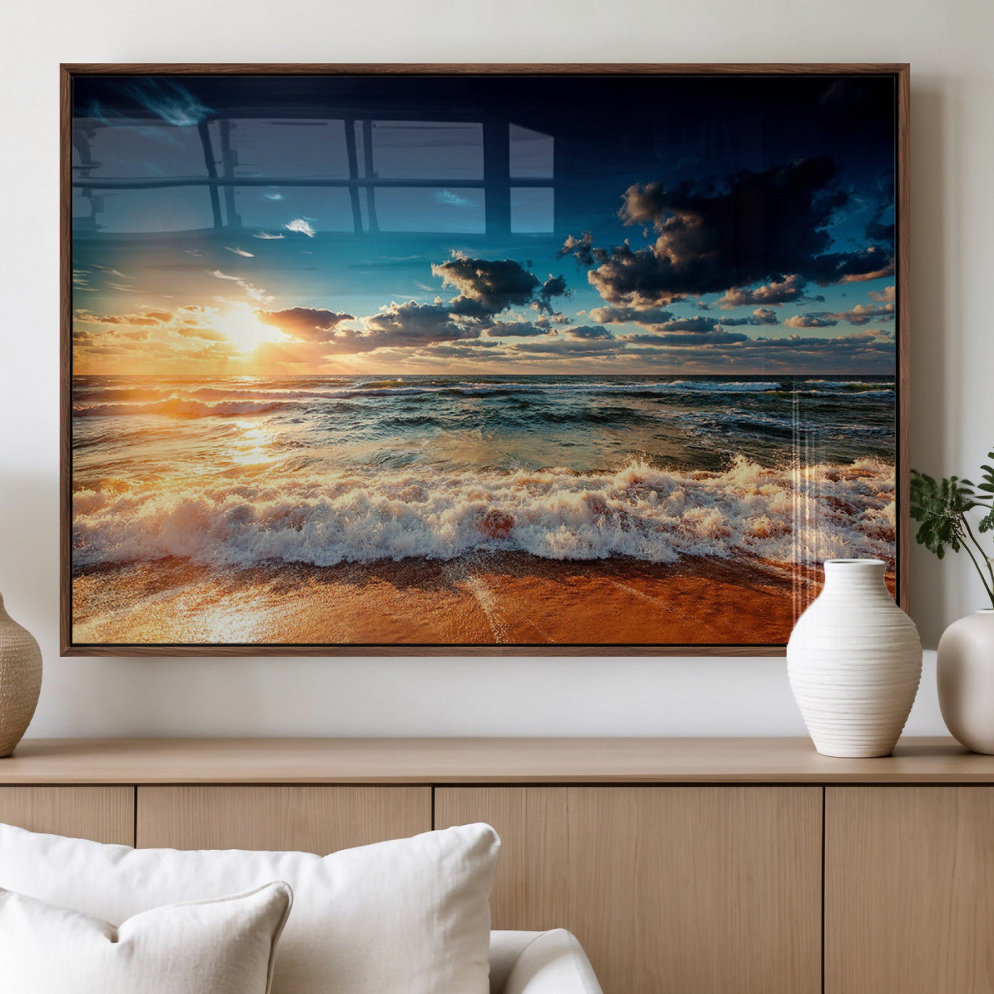 26996-MGV-FP-36X24-3P_Walnut-Golden Hour Sunset Over Ocean Waves Wall Art Canvas Print | 3 Panel Coastal Landscape Canvas Wall