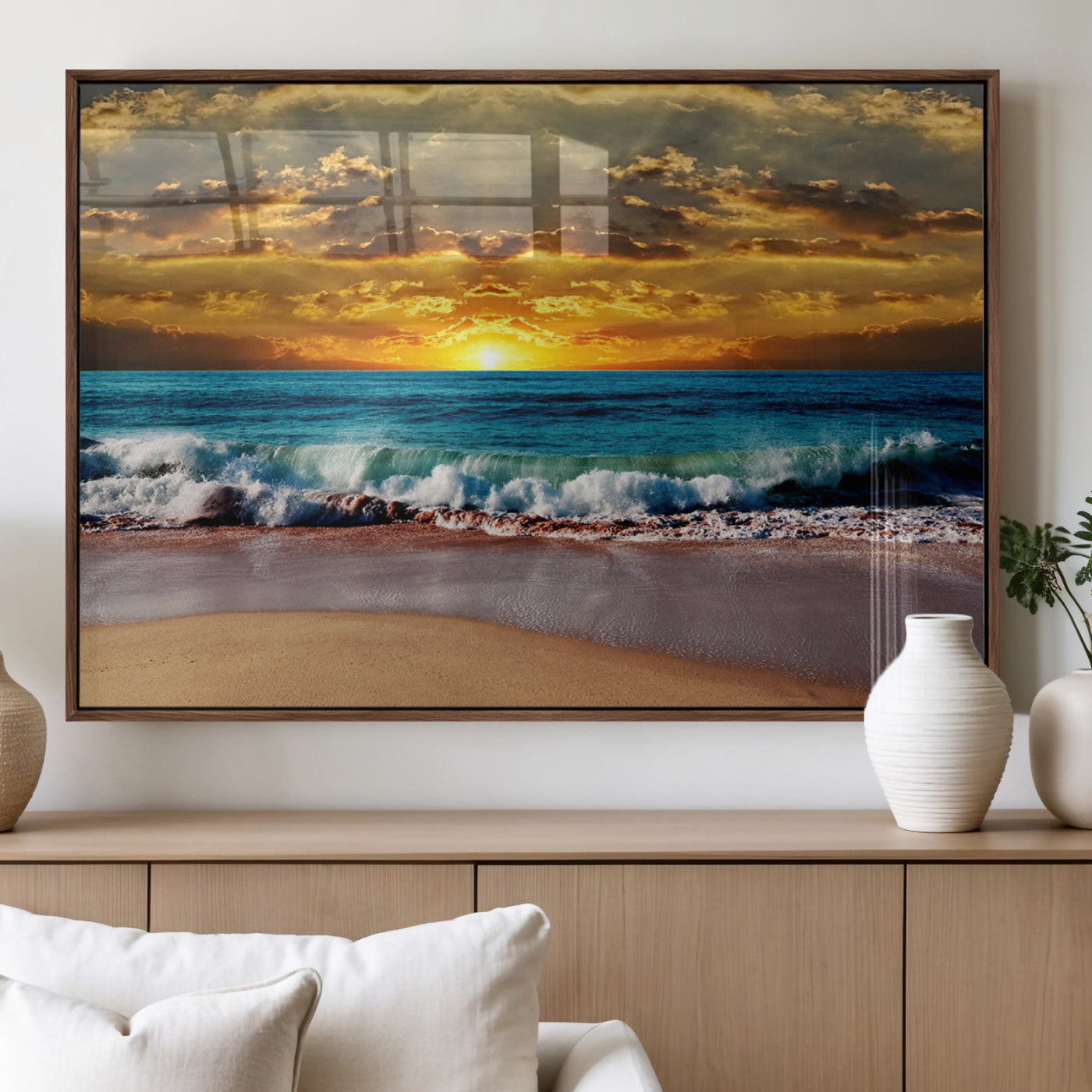 83389-MGV-FP-36X24-3P_Walnut-Ocean Sunrise Over Golden Beach Waves, Giclee Canvas Wall Art Set, High-Quality Stretched Canvas