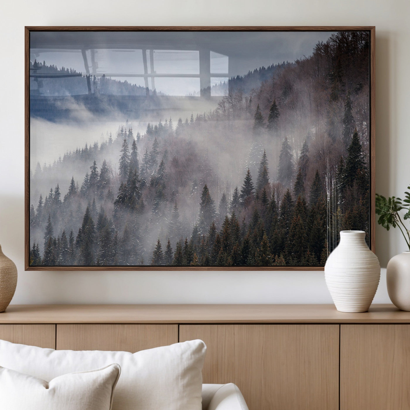 18459-MGV-FP-36X24-3P_Walnut-Beautiful Rising Fog in Winter Mountain Landscape- Framed Rising Fog in Winter Mountain Canvas