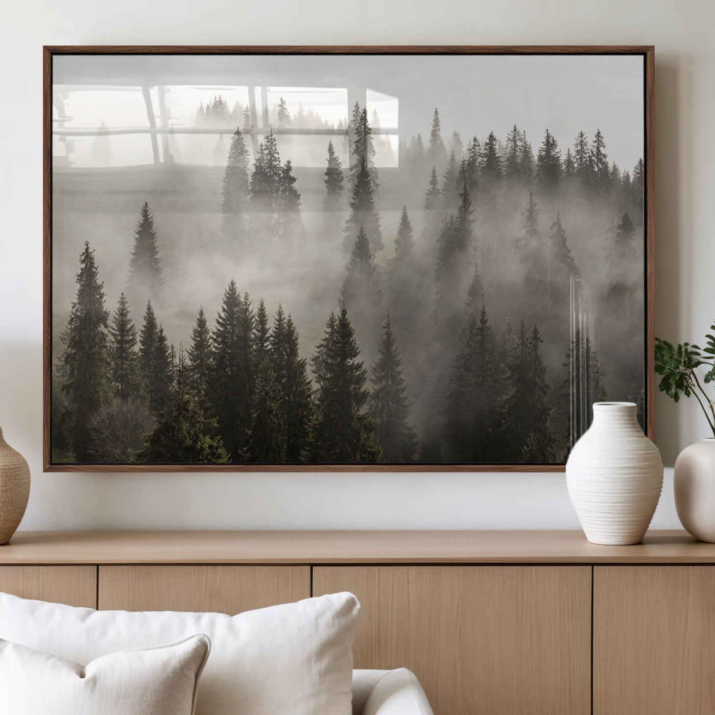 62862-MGV-FP-36X24-3P_Walnut-Foggy Mountain Wall Art | 3-Panel Foggy Forest and Mountain Landscape | Large Giclee Print for