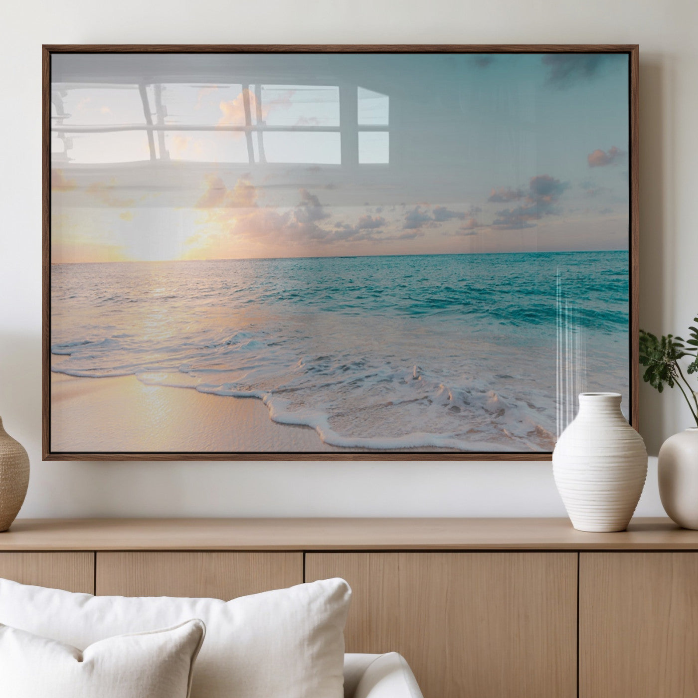 49620-MGV-FP-36X24-3P_Walnut-Tranquil Ocean Beach Sunset Canvas Wall Art | 3-Panel Coastal Decor