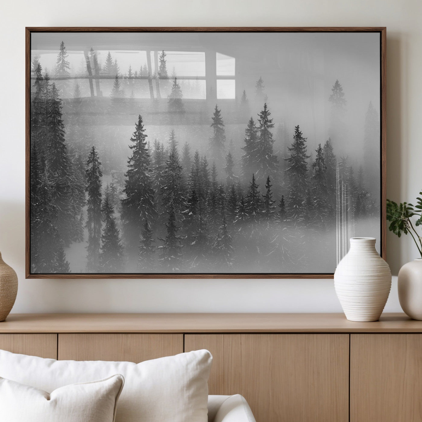57235-MGV-FP-36X24-3P_Walnut-Foggy Misty Forest Canvas Wall Art – Black and White Landscape – Framed and Ready to Hang Modern