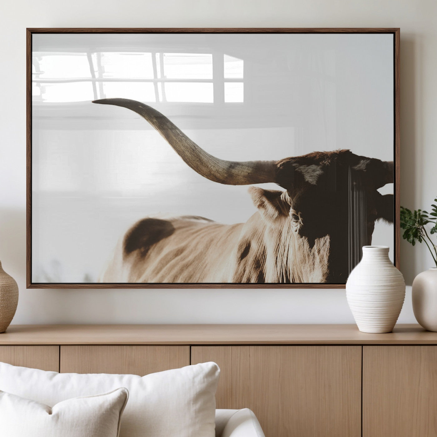 35866-MGV-FP-36X24-3P_Walnut-Texas Longhorn Wall Art Canvas Print | 3-Panel Large Longhorn Canvas Print for Living Room, Framed