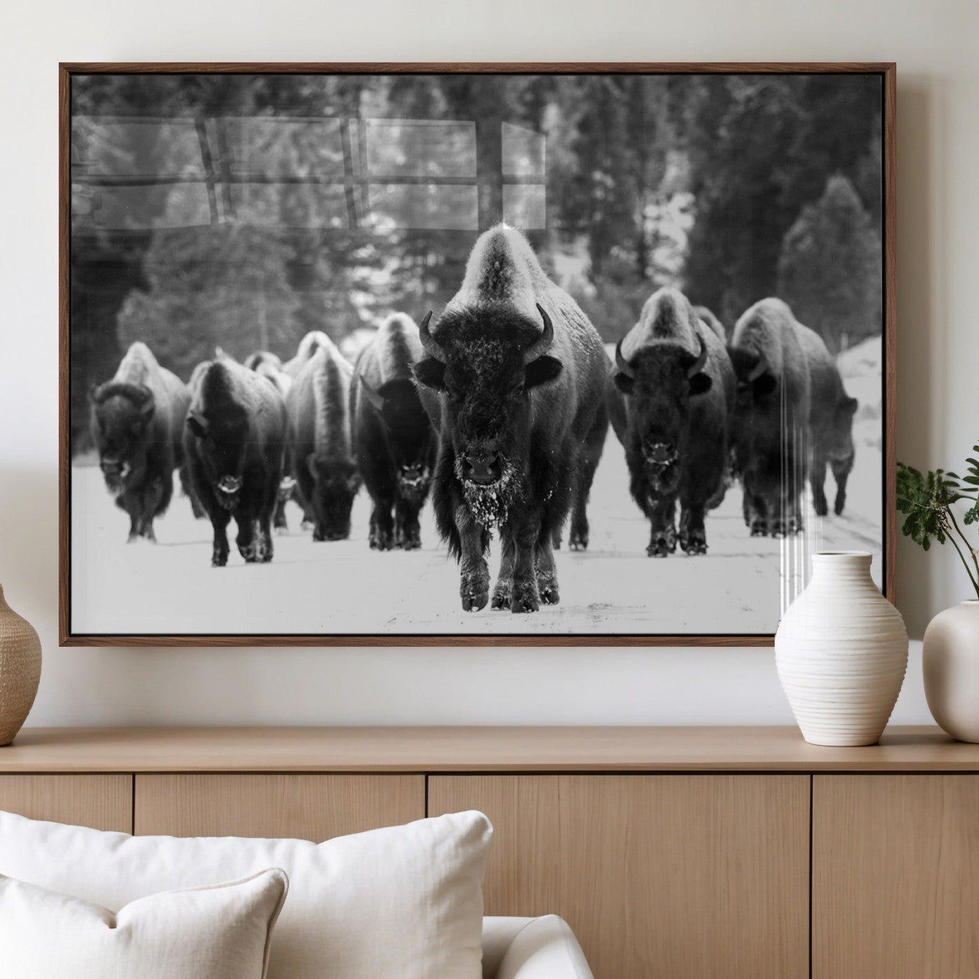 62434-MGV-FP-36X24-3P_Walnut-Bison Herd in Snow Wall Art Canvas Print | Rustic Western Bison Wall Art for Decor for Living Room,