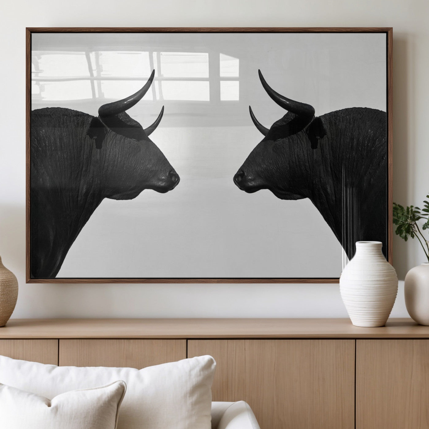 16038-MGV-FP-36X24-3P_Walnut-Spanish Bull Art - Framed Black and White Bull Canvas Print for Modern Rustic Home or Office Decor