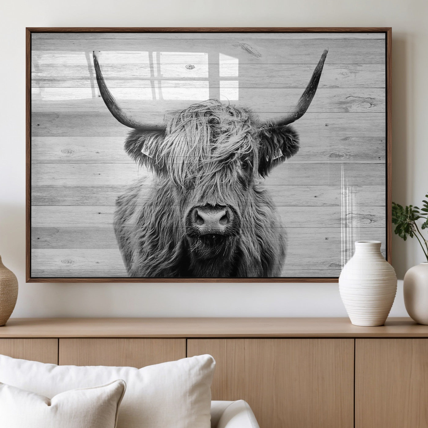 14634-MGV-FP-36X24-3P_Walnut-Scottish Highland Cow Cattle Art Print on Wood Background Style, Scottish Highland Cow Wall Art