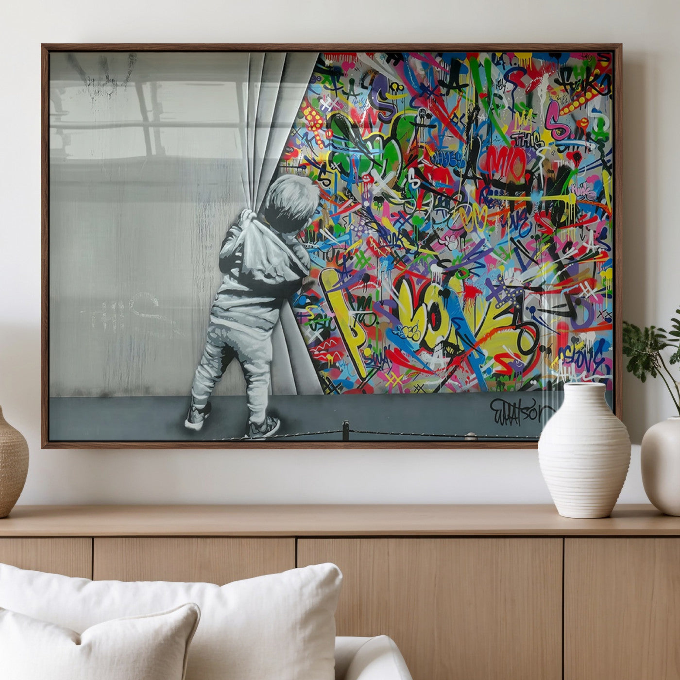 51713-MGV-FP-36X24-3P_Walnut-Banksy Colorful Street Graffiti Canvas Wall Art Print, Modern Art Triptych, Child and Graffiti Wall,