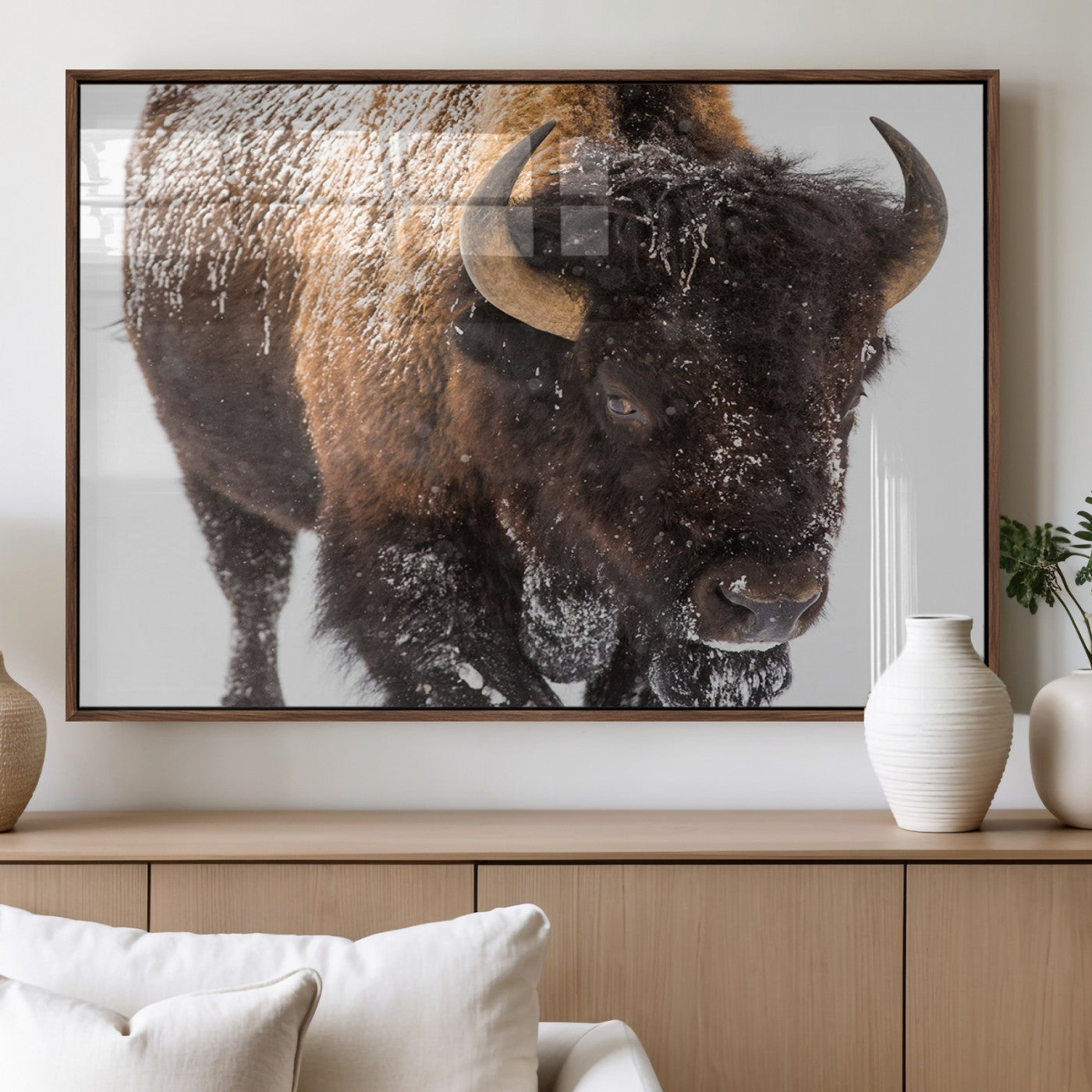 65605-MGV-FP-36X24-3P_Walnut-Bison Wall Art Canvas Print For Farmhouse, Wild Animal Wall Art, Framed Wild Bison Wall Art