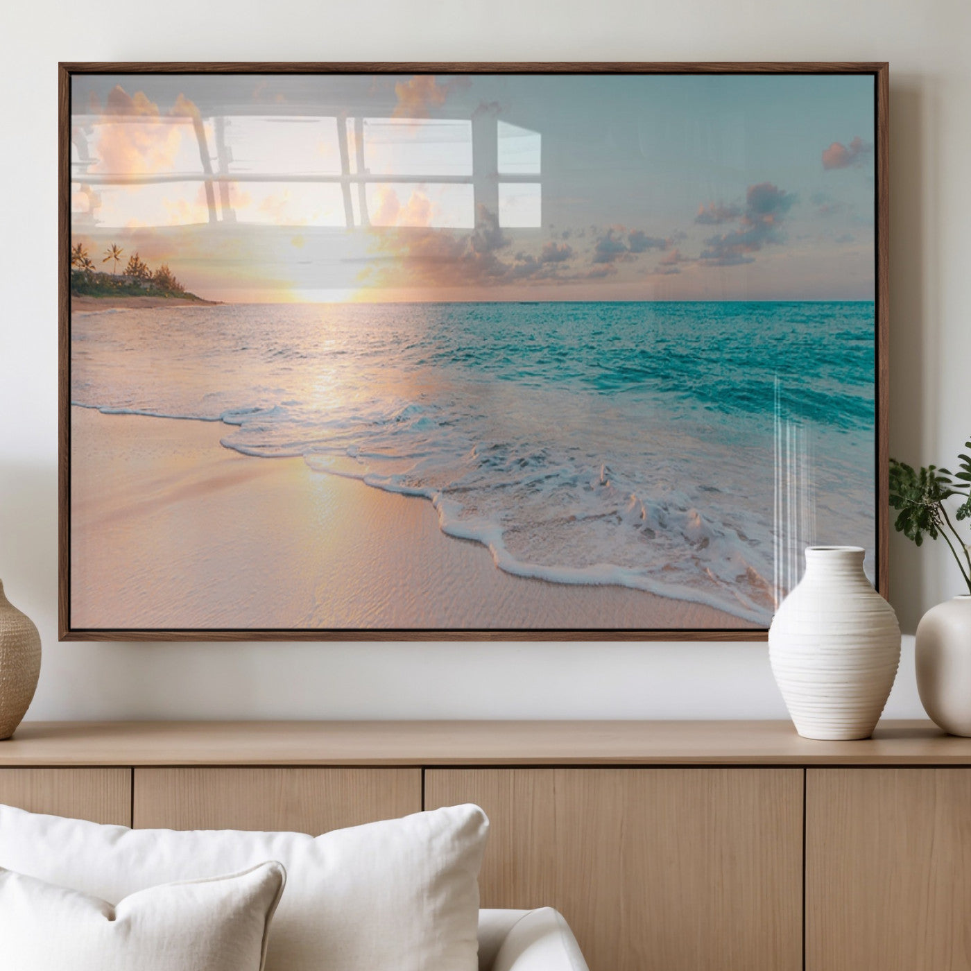 36554-MGV-FP-36X24-3P_Walnut-Beach Sunrise Wall Art, Coastal Seascape Canvas Print, Ocean Wave Multi-Panel Giclee, Coastal Sunset