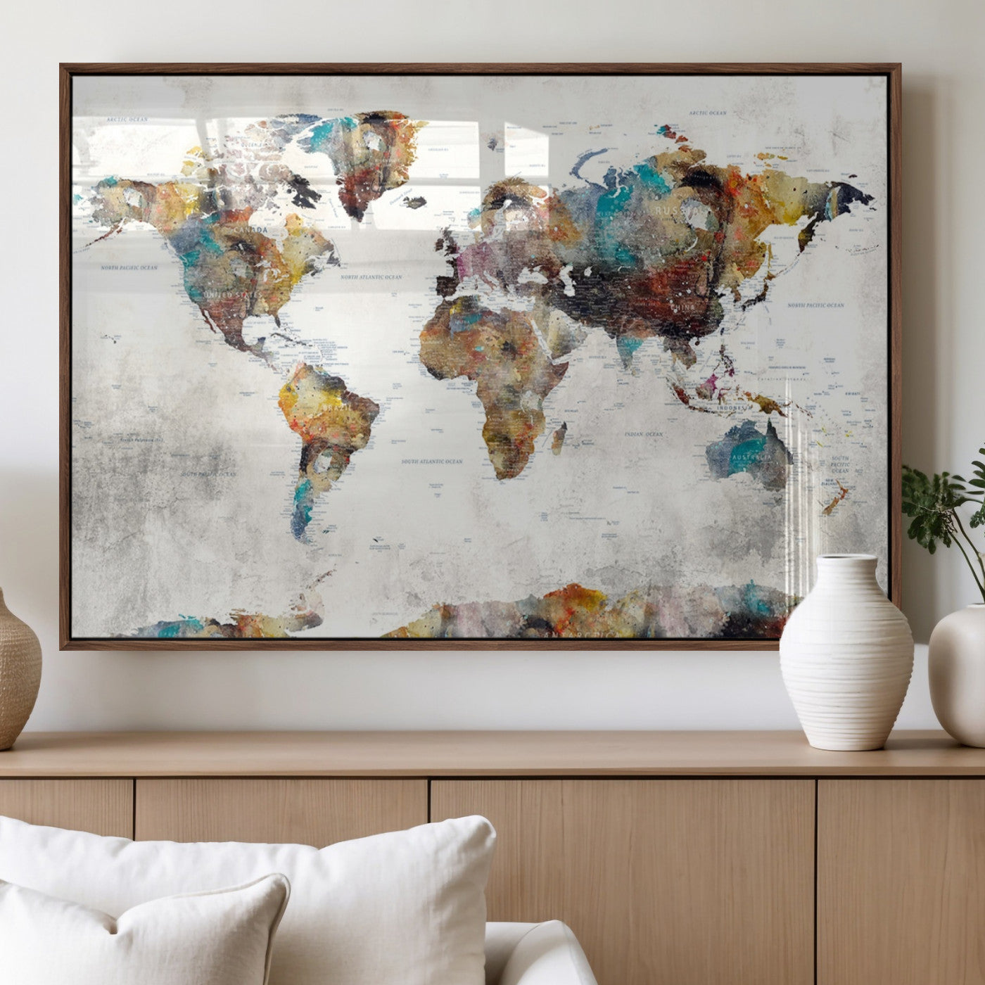 40763-MGV-FP-36X24-3P_Walnut-Push Pin World Map Canvas Print – Travel Tracker Wall Art for Couples, Perfect Anniversary Gift for Home or Office Decor