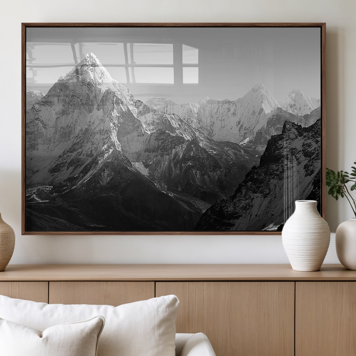 10775-MGV-FP-36X24-3P_Walnut-Everest Himalaya Mountain Peaks Black & White Triptych Canvas Art – Mountain Wall Decor, Everest