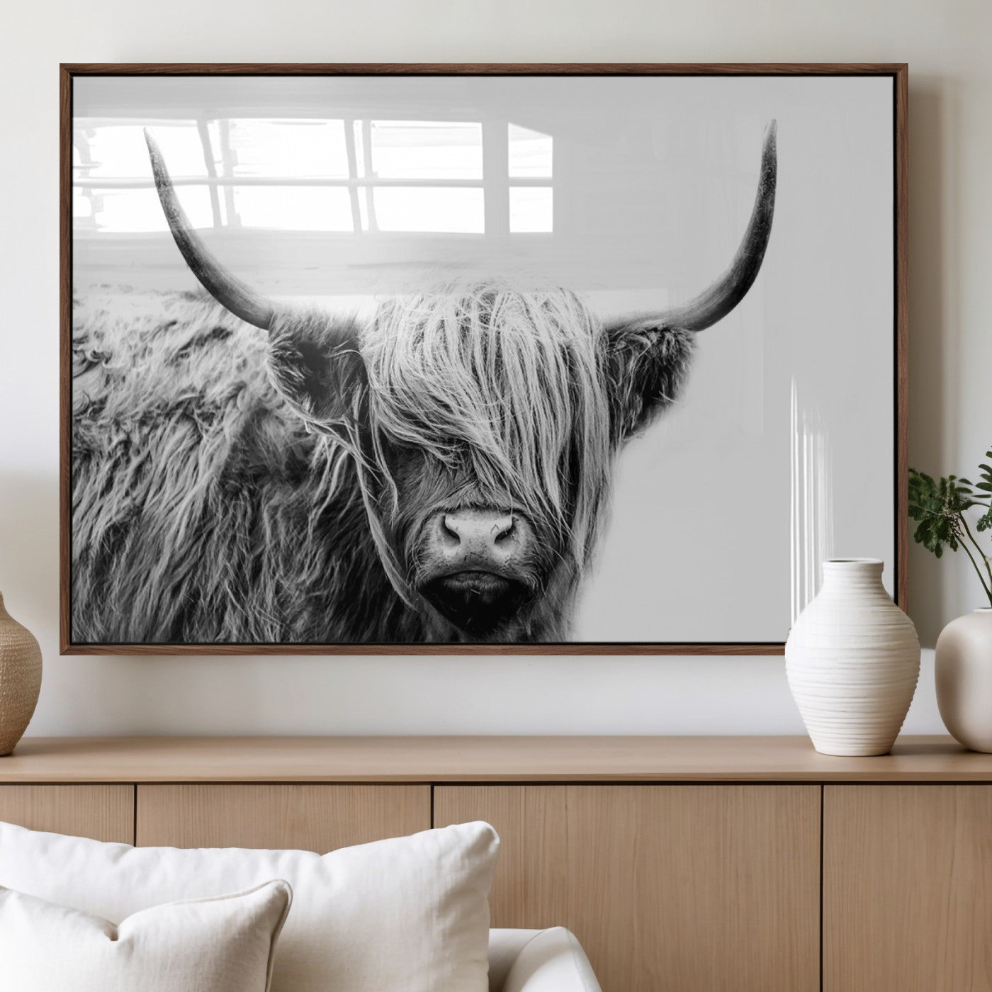 51957-MGV-FP-36X24-3P_Walnut-Black White Scottish Highland Cow Cattle Art Print Farmhouse Wall Art Canvas Print