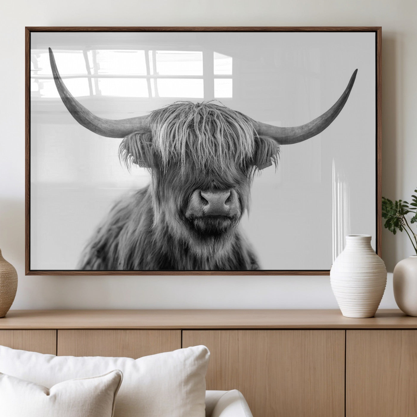 75503-MGV-FP-36X24-3P_Walnut-Scottish Highland Cow Cattle Art Print Wall Art Canvas Print for Farmhouse Decor, Framed Scottish