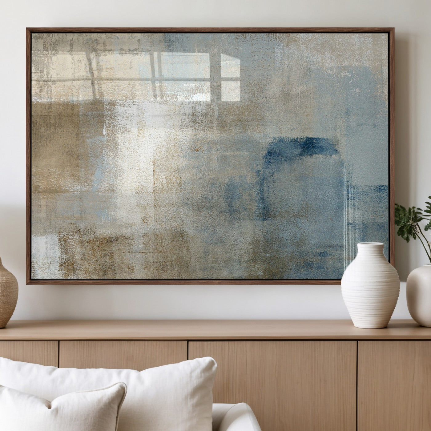 38126-MGV-FP-36X24-3P_Walnut-Abstract Blue and Beige Wall Art, Modern Minimalist Canvas Print Set, Giclee Textured Art, Large