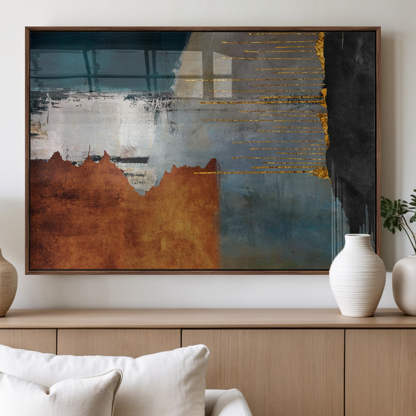 35026-MGV-FP-36X24-3P_Walnut-Modern Abstract Canvas Art Canvas Print - Framed and Ready to Hang Artwork for Contemporary Living