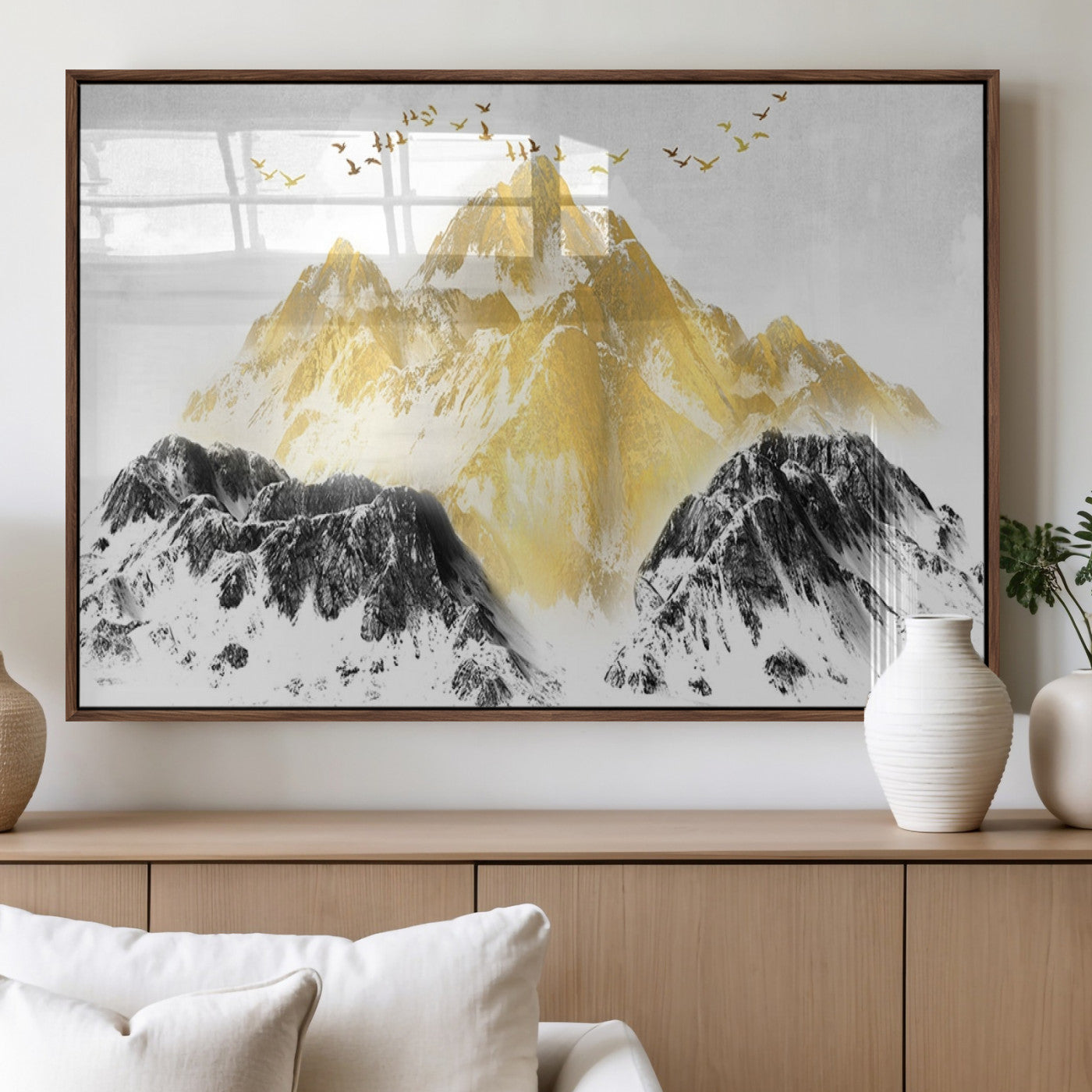 37733-MGV-FP-36X24-3P_Walnut-Golden Mountain Triptych Wall Art Canvas Print, Modern Giclee Canvas Print, Nature Landscape Decor