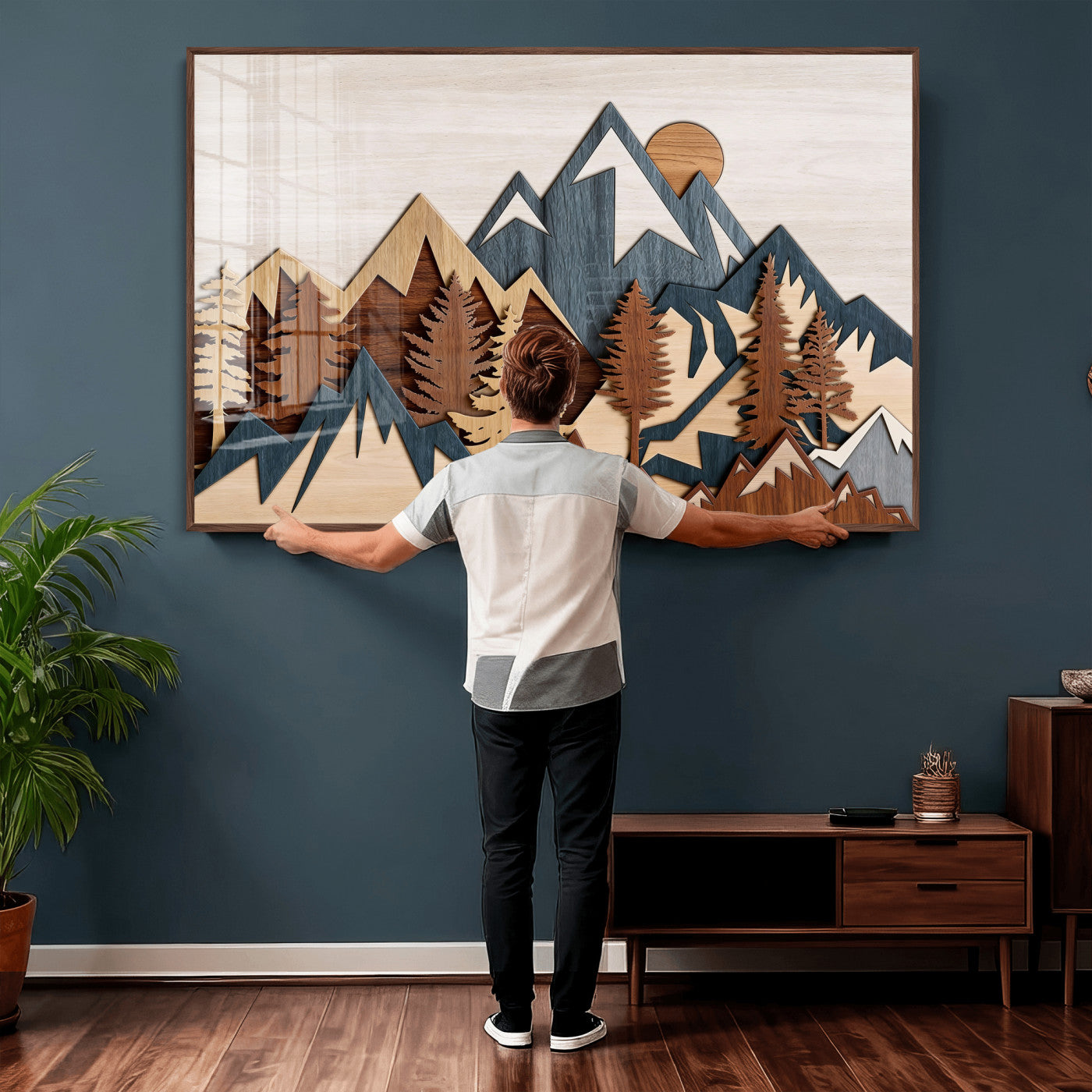 67950-MGV-CV-36X24 - Rustic Abstract Wood Panel Effect Canvas Mountain Range Top Wood Wall Art Canvas Print