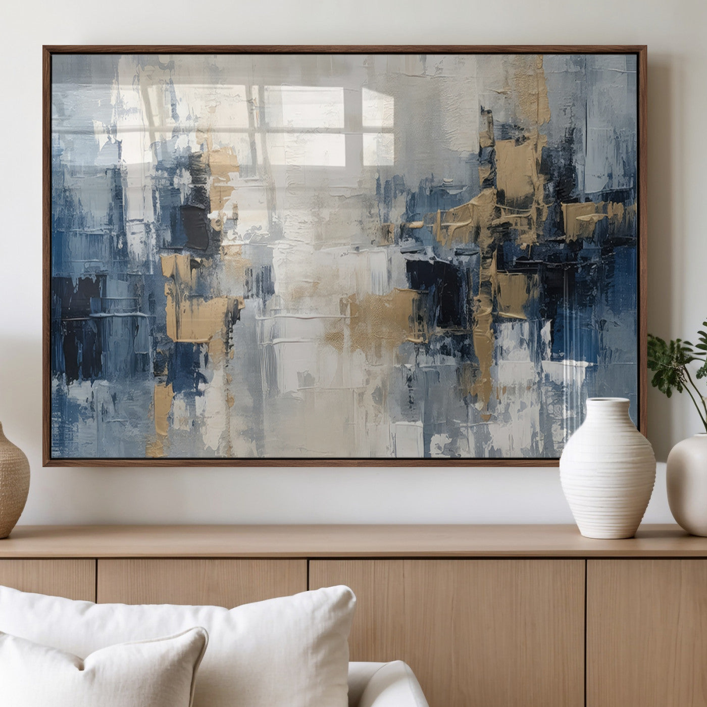 44344-MGV-FP-36X24-3P_Walnut-Modern Abstract Canvas Wall Art in Blue and Gold Tones | Large Contemporary Art for Living Room,