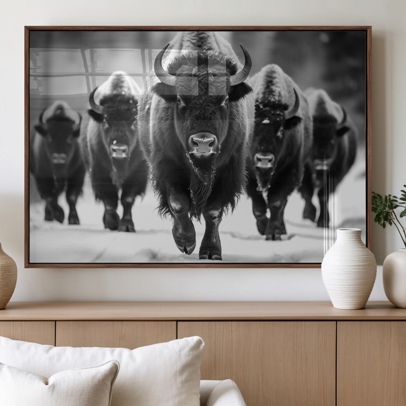 79872-MGV-FP-36X24-3P_Walnut-American Bison Art | Buffalo Herd Wall Art Canvas Print, BW American Bison Herd Wall Art Canvas