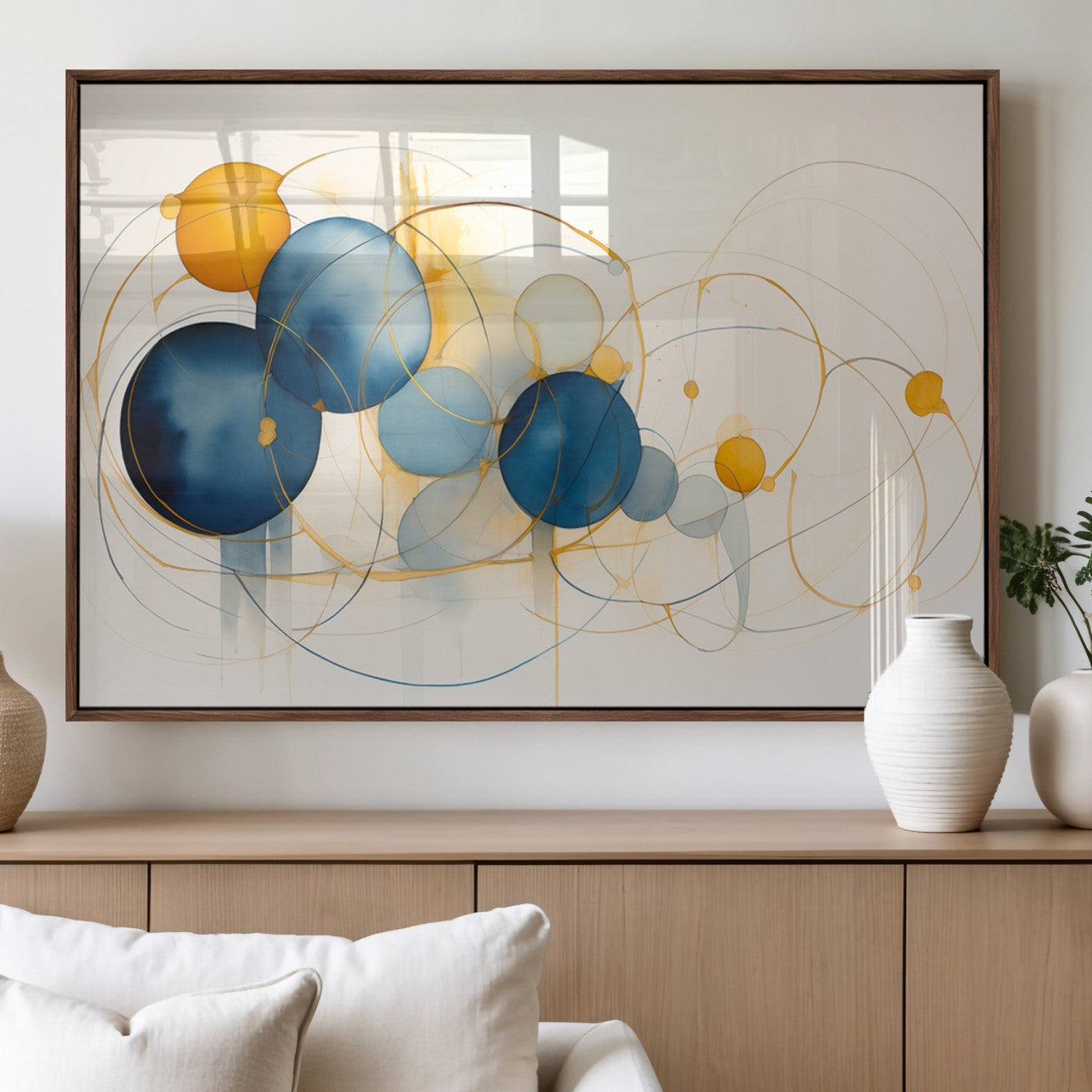 36188-MGV-FP-36X24-3P_Walnut-Geometric Blue Orange Abstract Wall Art Canvas, Geometric Blue Orange Canvas Print