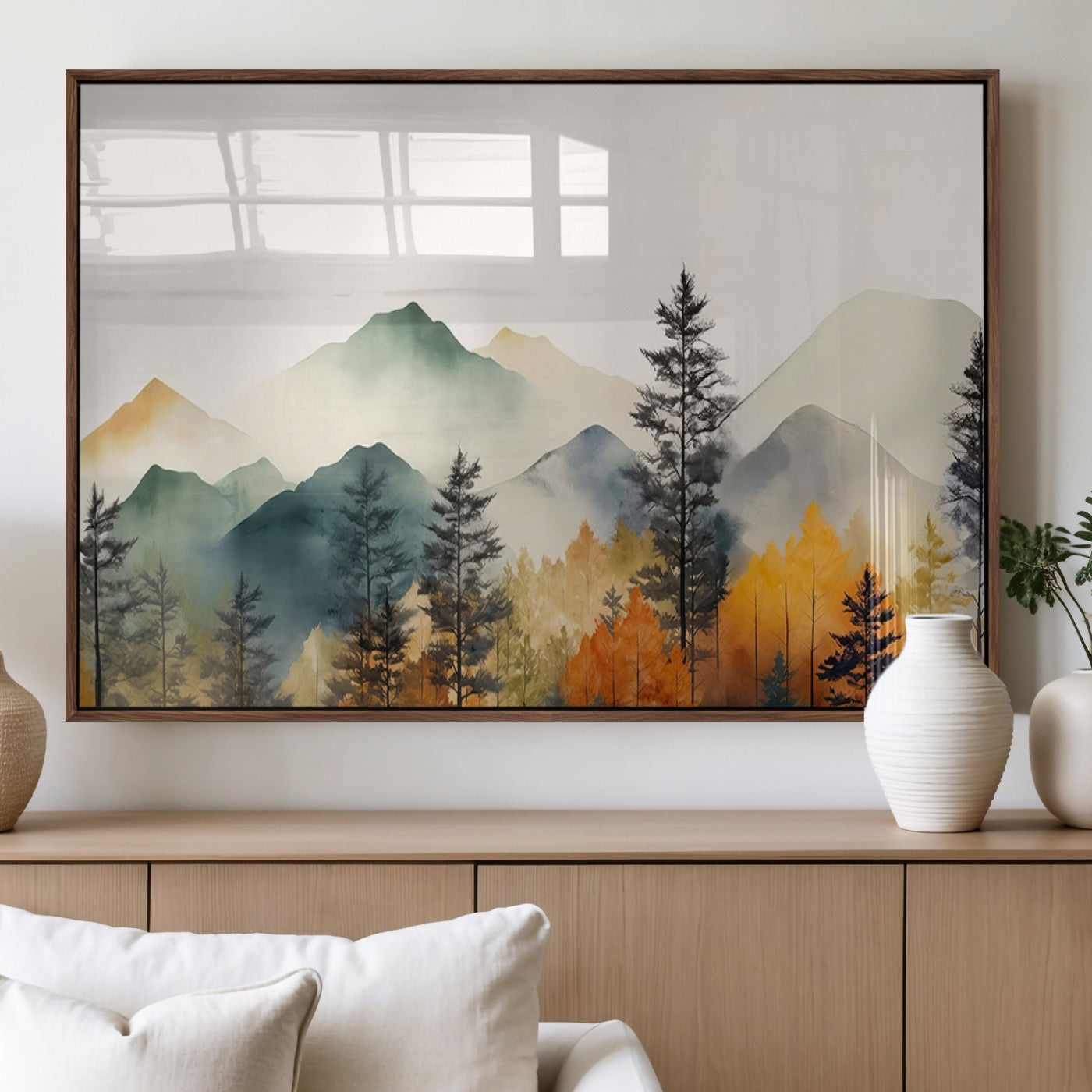 25689-MGV-FP-36X24-3P_Walnut-Abstract Watercolor Mountains and Trees Autumn Wall Art, Mountains and Trees Autumn Wall Art Canvas