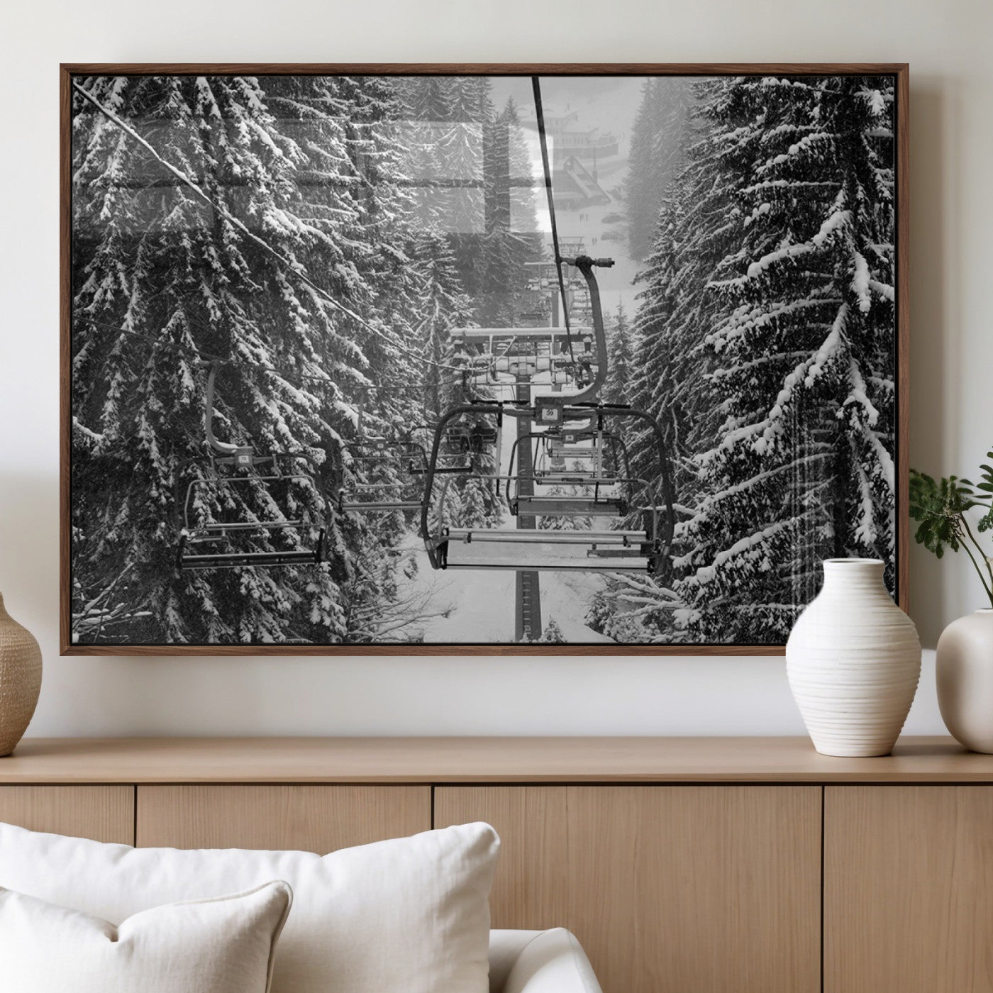 19240-MGV-FP-36X24-3P_Walnut-Winter Ski Lift Black and White Canvas Wall Art – Alpine Escape in Minimalist Style – Winter Ski