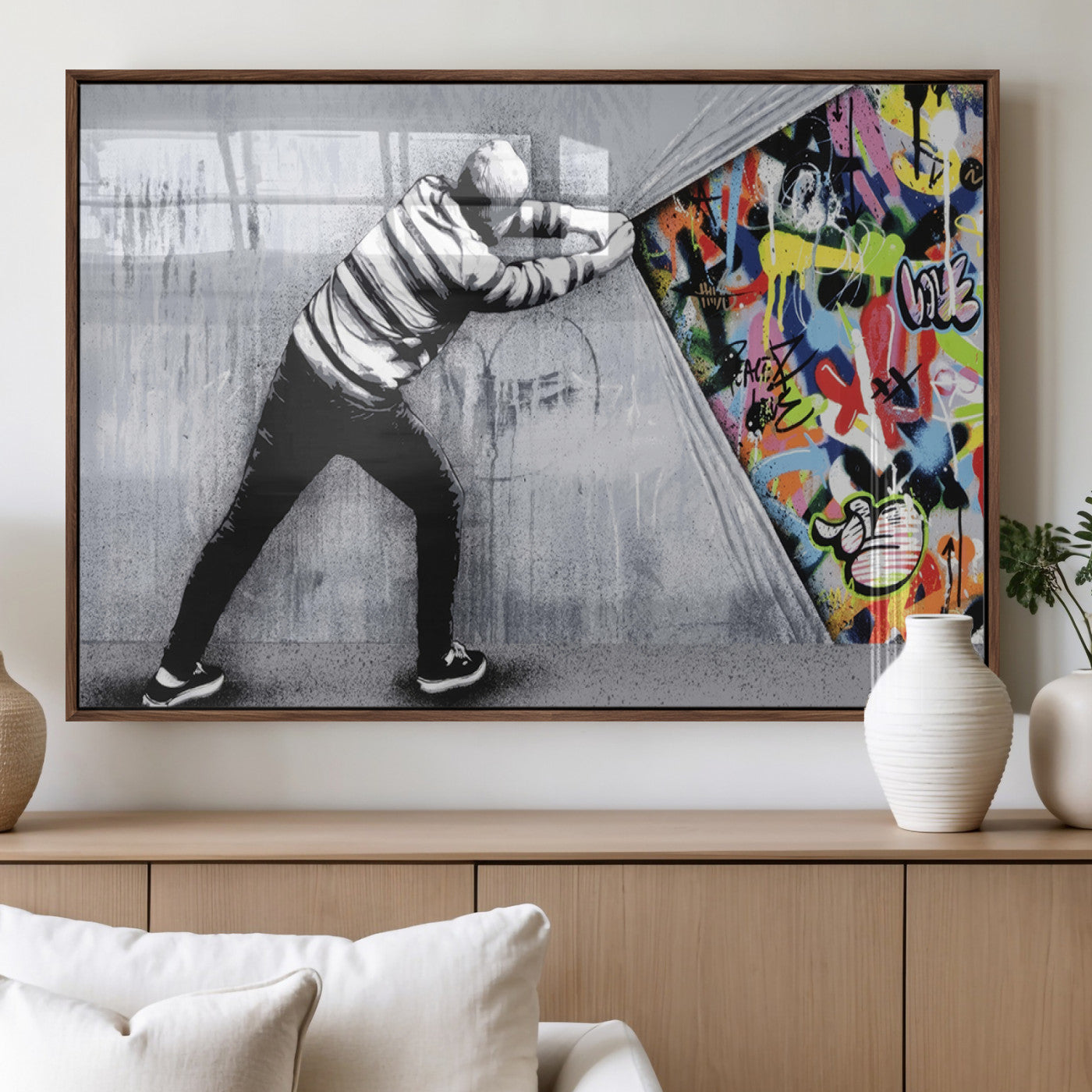 52252-MGV-FP-36X24-3P_Walnut-Banksy Art Behind the Curtain Street Wall Art Canvas Print | 3-Panel Urban Graffiti-Inspired Wall