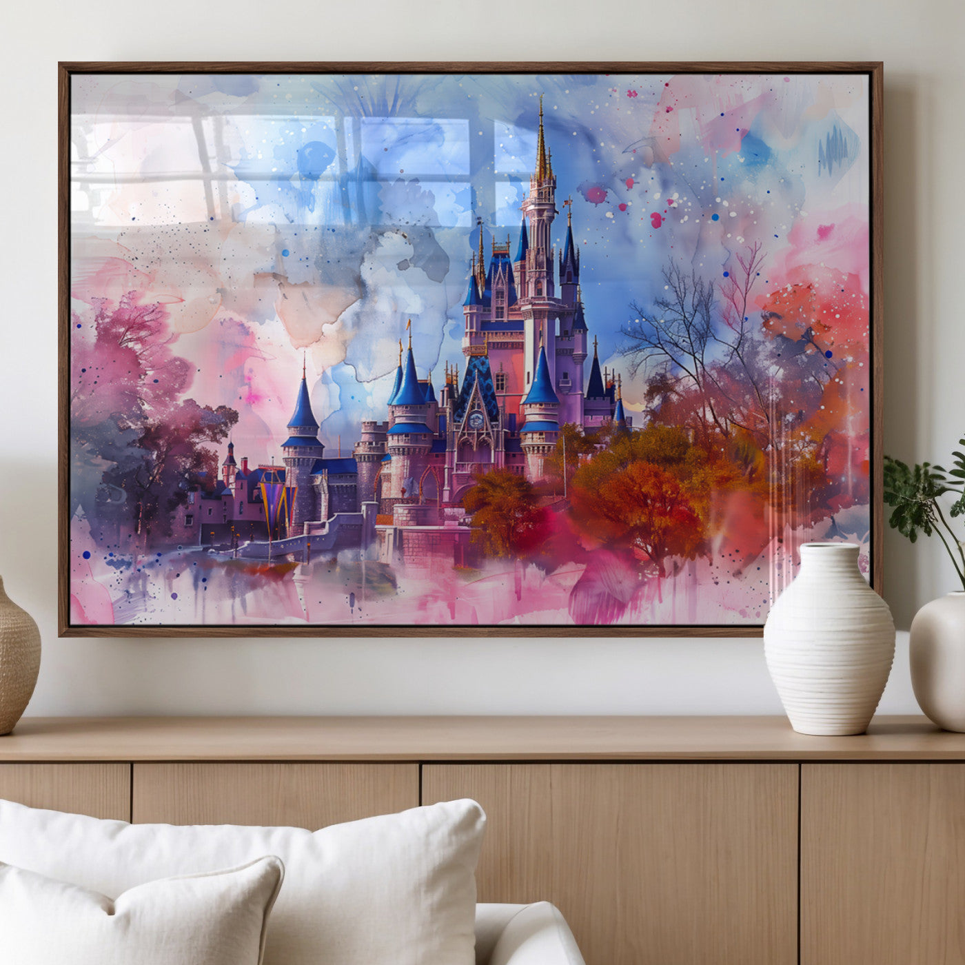 58662-MGV-FP-36X24-3P_Walnut-Disney Wall Art: Dreamy Watercolor Cinderella Castle Canvas Print