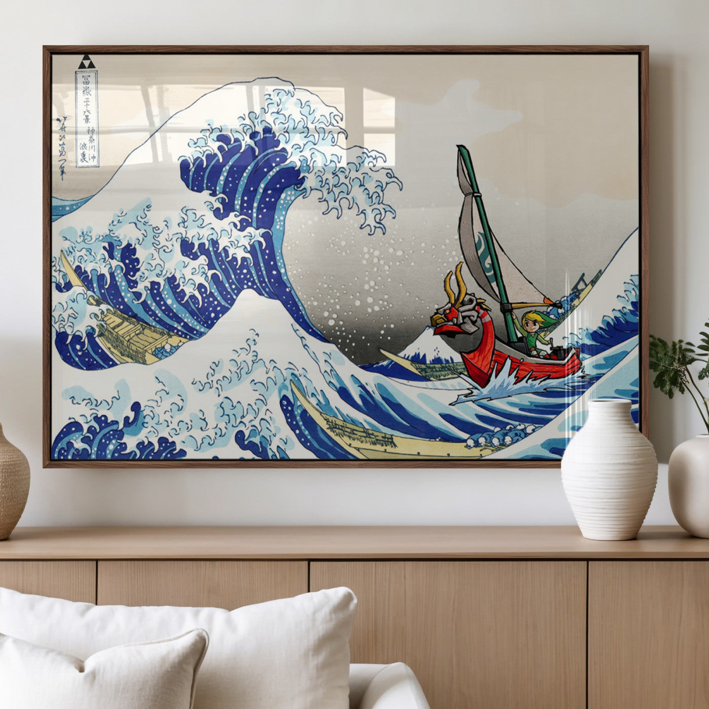 19450-MGV-FP-36X24-3P_Walnut-Katsushika Hokusai Kanagawa Giant Wave Wall Art Canvas Print | Iconic Japanese Art for Living Room