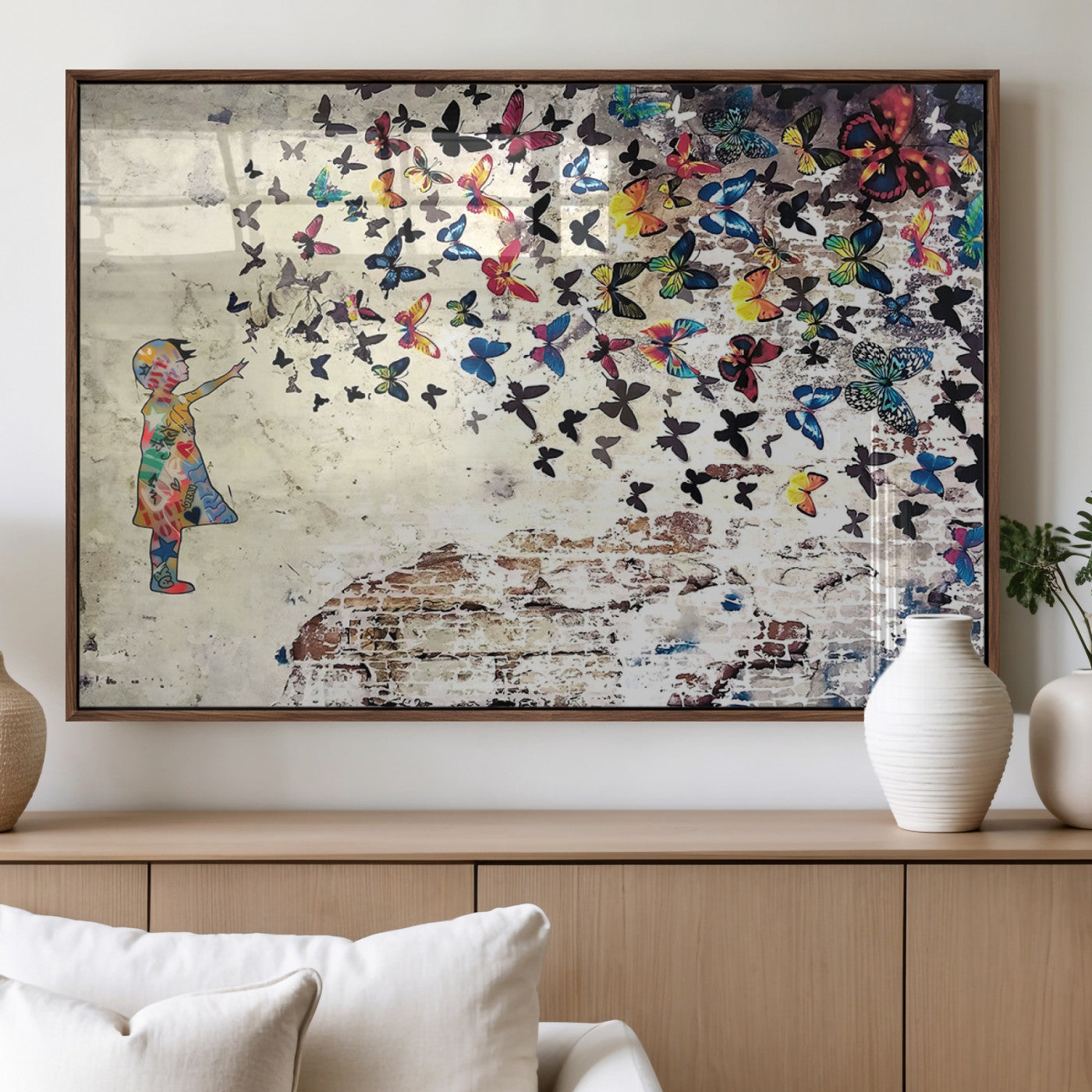 65208-MGV-FP-36X24-3P_Walnut-Banksy Wall Art - Banksy Girl Butterfly Graffiti Wall Art Canvas Print - Butterfly Girl and Freedom