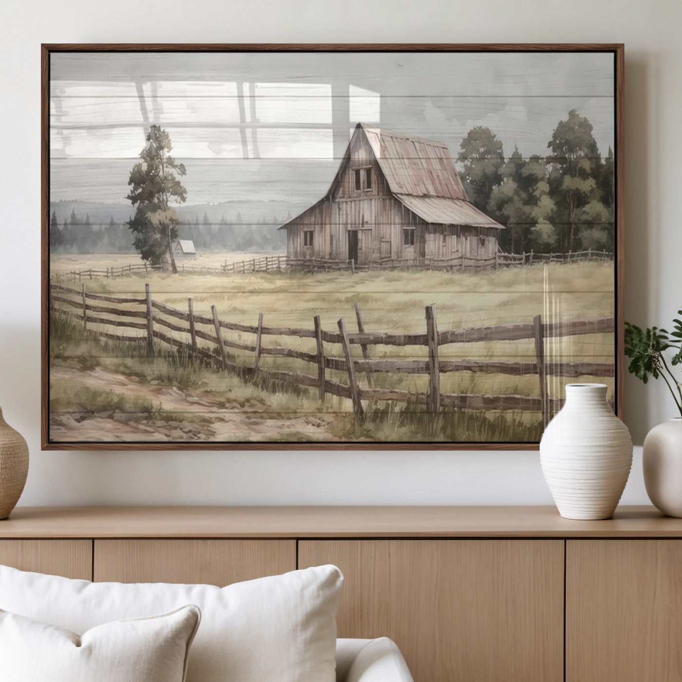 87489-MGV-FP-36X24-3P_Walnut-Rustic Farmhouse Barn Wall Art | 3-Panel Framed Gallery Wrap Giclee Canvas Print for Living Room,
