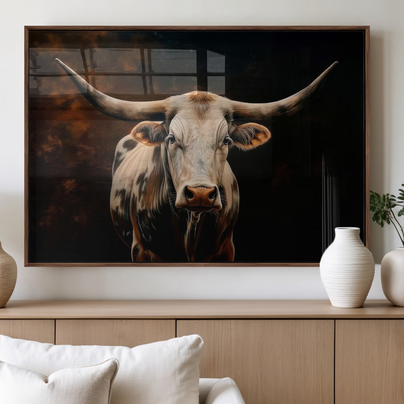 70522-MGV-FP-36X24-3P_Walnut-Texas Longhorn Wall Art | 3-Panel Large Texas Longhorn Canvas Print for Living Room, Office, or