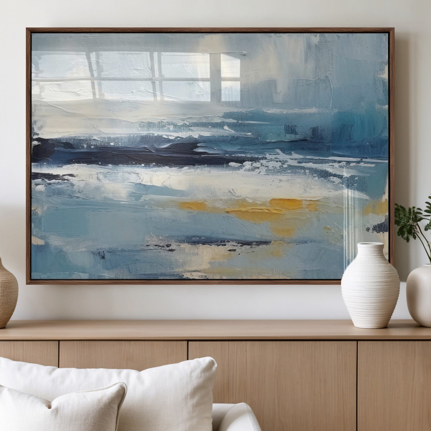 19746-MGV-FP-36X24-3P_Walnut-Abstract Ocean Canvas Wall Art - Coastal Blue and Gold Textured Painting, Modern Seascape Decor for
