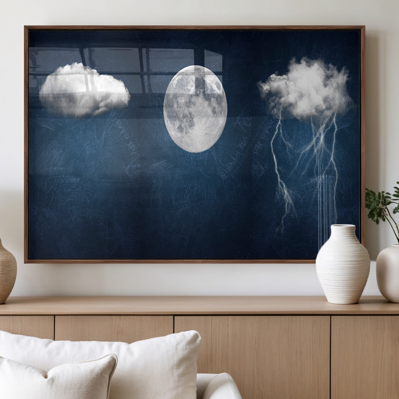 96569-MGV-FP-36X24-3P_Walnut-Dark Blue Cloud Art, 3 Piece Indigo Blue Wall Art, Aesthetic Surreal Art, Thunderstorm Moon Cloud