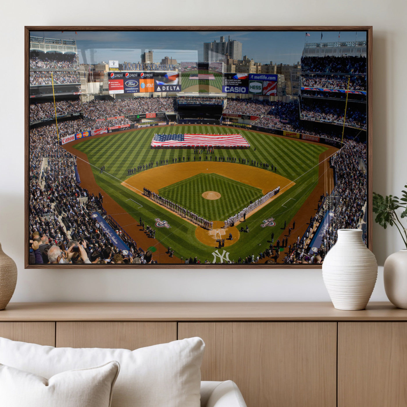20879-MGV-FP-36X24-3P_Walnut-Yankee Stadium New York Wall Art Print | 3-Panel Canvas Print of Yankees Baseball Stadium | Large