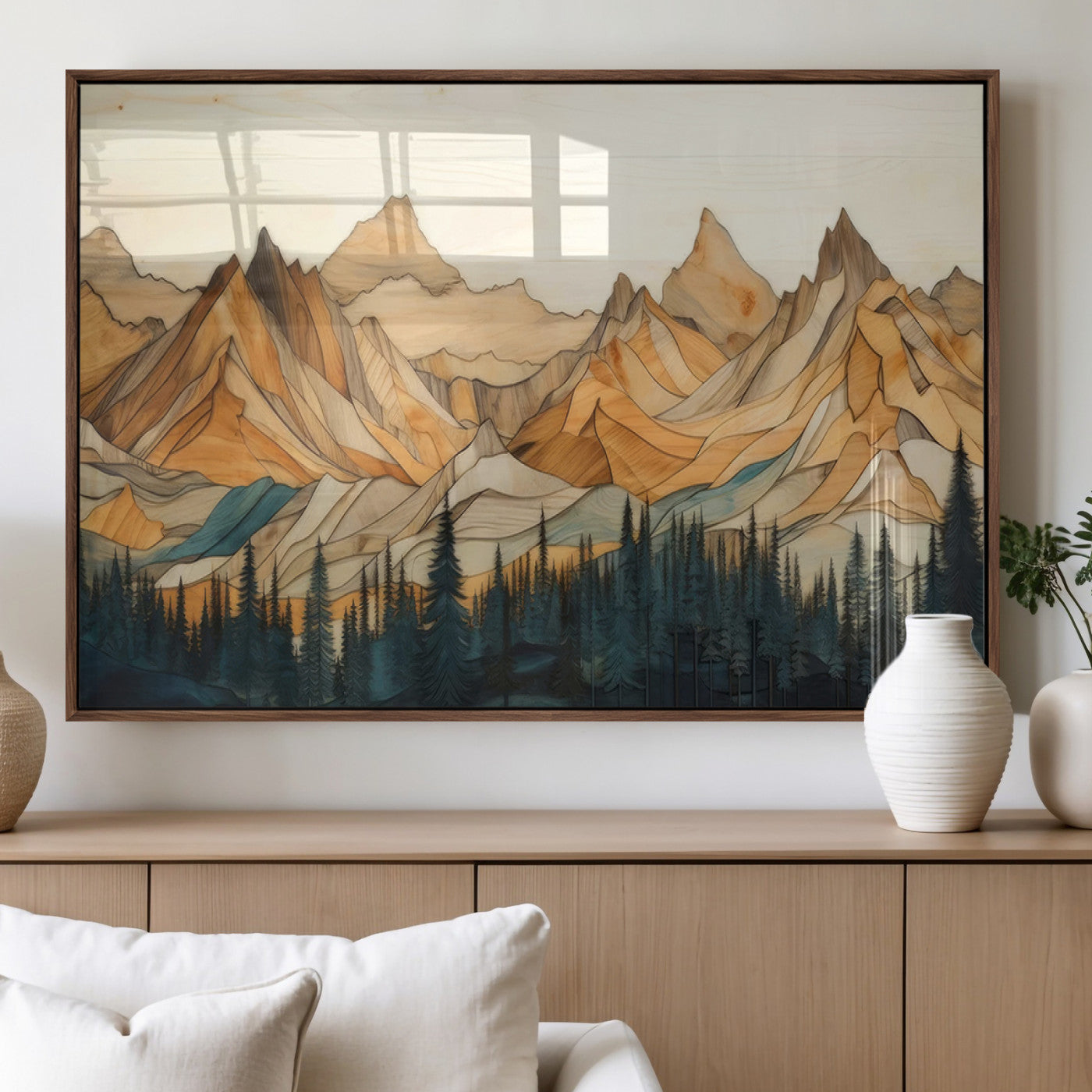 31576-MGV-FP-36X24-3P_Walnut-Rustic Wood Mountain Wall Art Print | Triptych Giclee Print Featuring Handcrafted Forest and