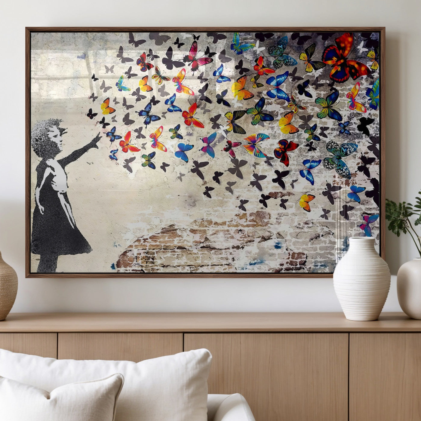 97895-MGV-FP-36X24-3P_Walnut-Banksy Graffiti Wall Art Canvas Print: Girl Releasing Vibrant Butterflies – Ready to Hang