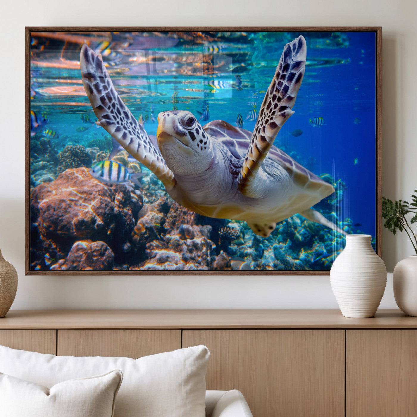 12683-MGV-FP-36X24-3P_Walnut-Underwater Sea Turtle Wall Art Canvas Print – Vibrant Ocean Coral Reef Décor, Ready to Hang
