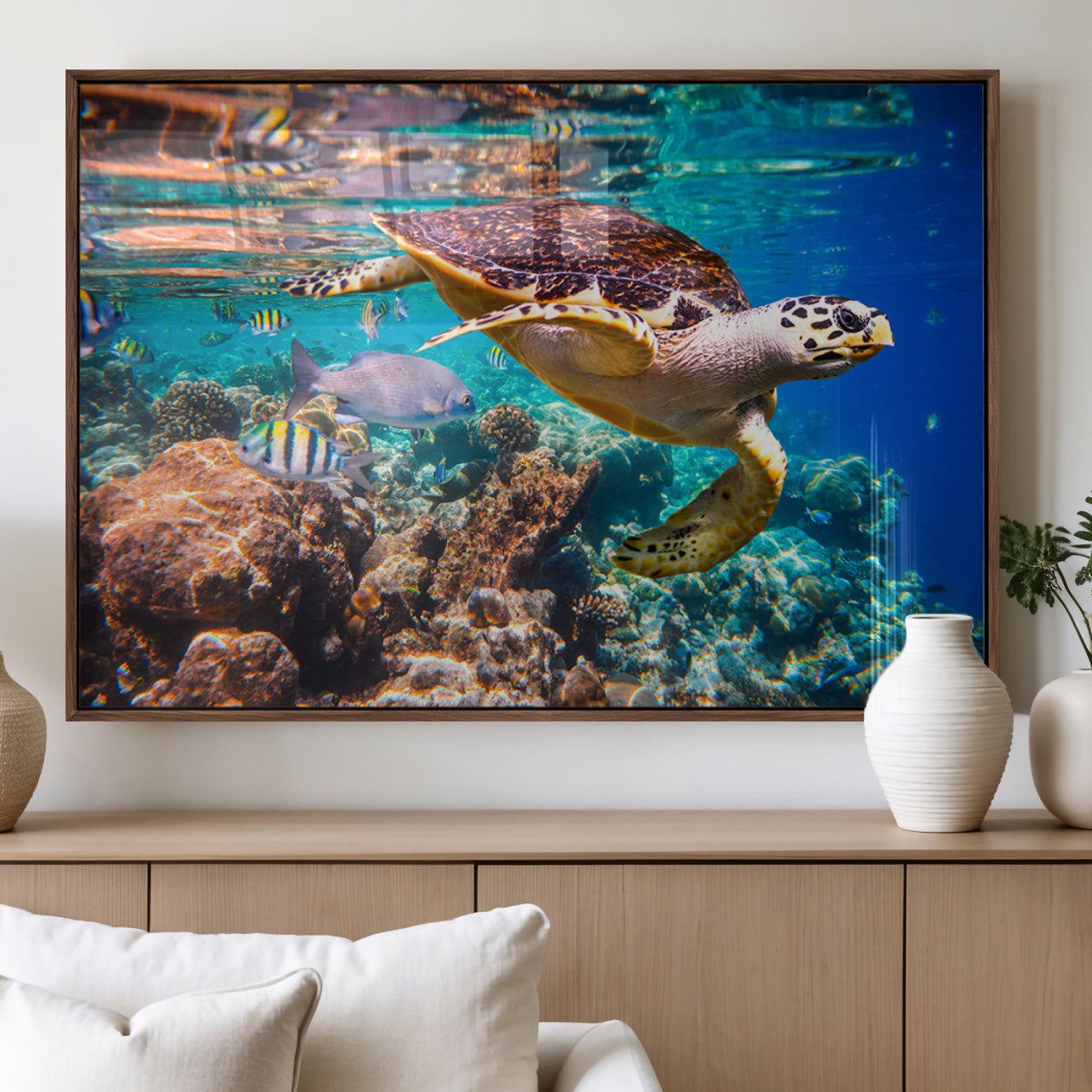 66614-MGV-FP-36X24-3P_Walnut-Sea Turtle Wall Art Canvas Print – Vibrant Ocean Coral Reef Décor, Ready to Hang
