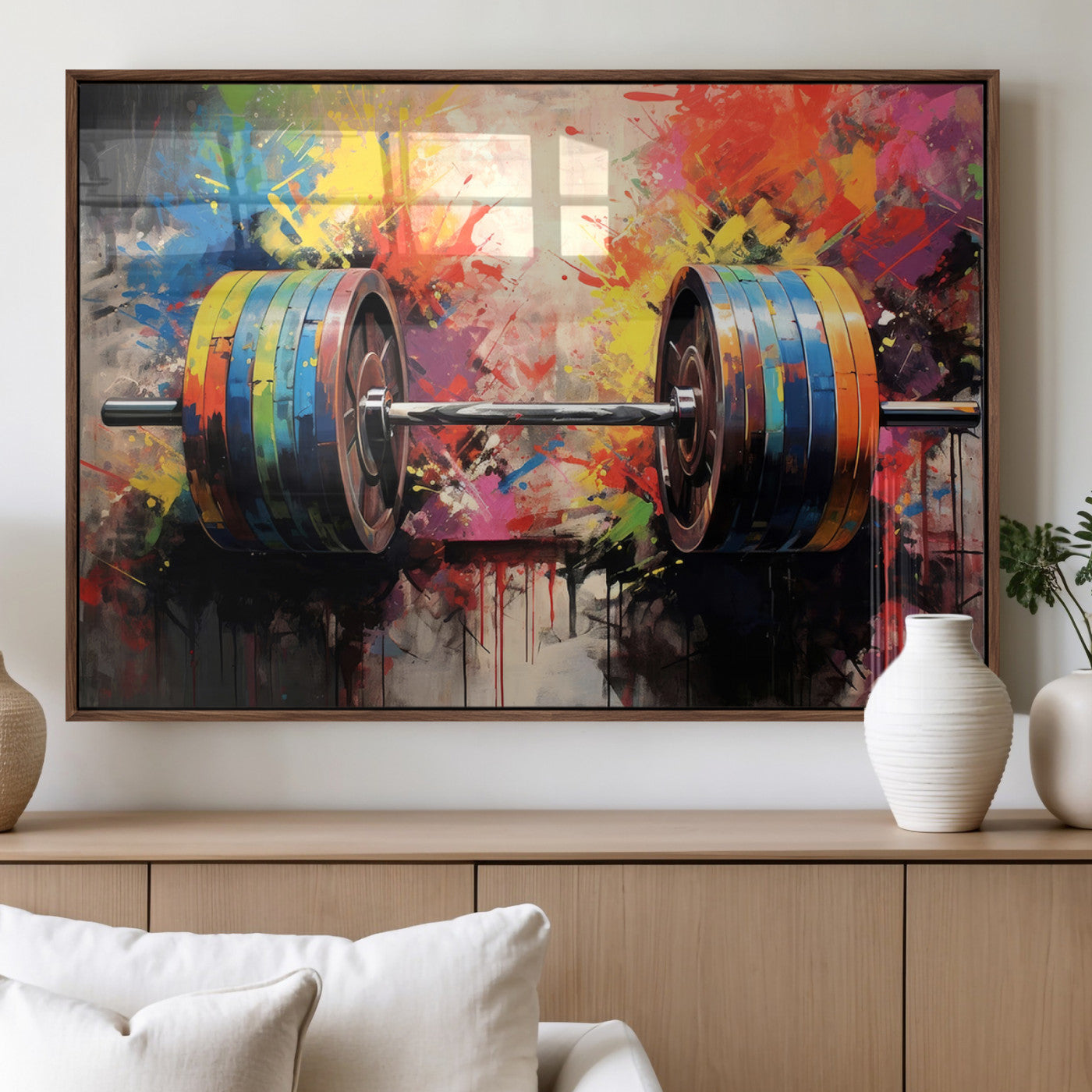 80436-MGV-FP-36X24-3P_Walnut-Weightlifting Barbell Art Triptych, Bold Abstract Fitness Wall Decor for Gym or Home, Giclee Canvas